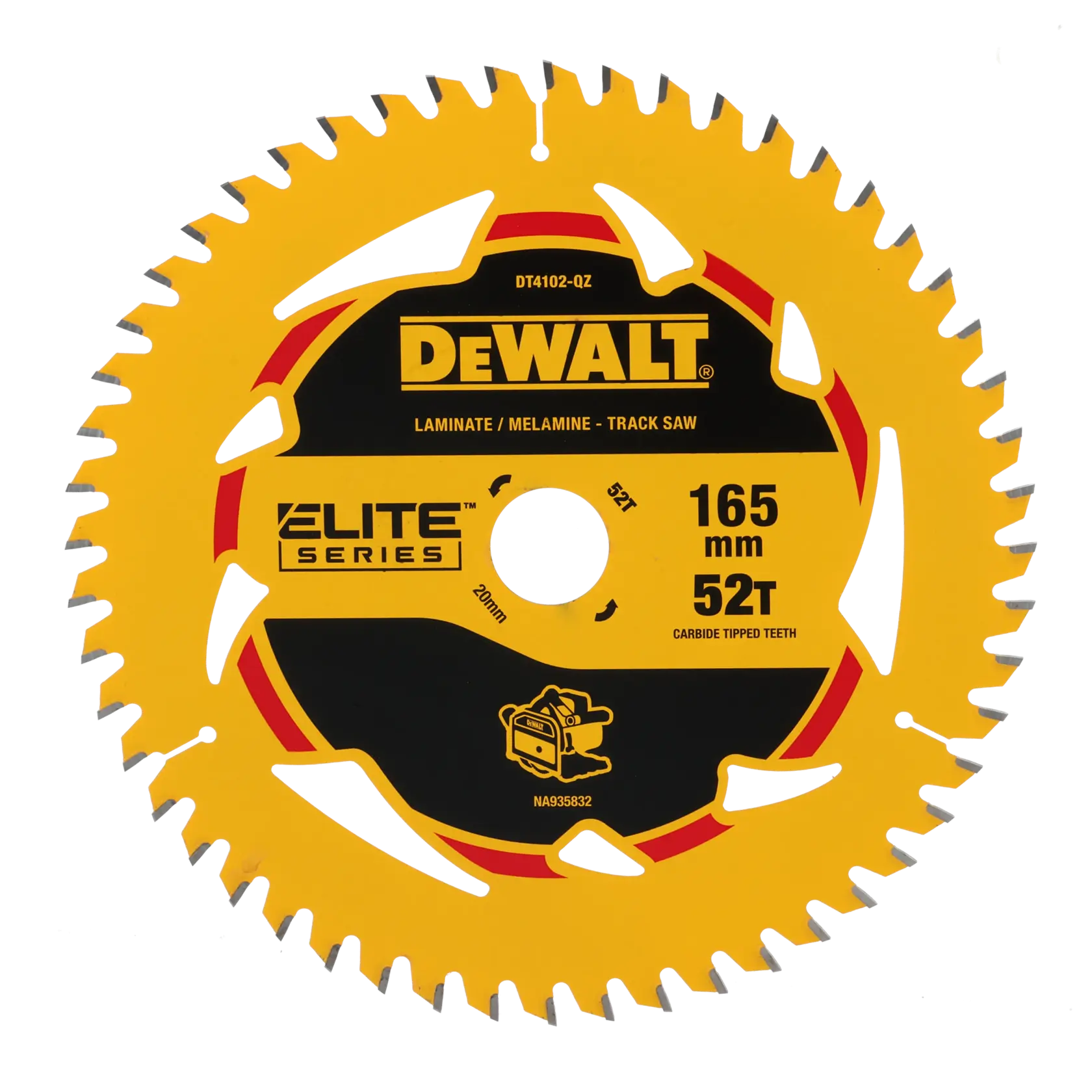 DEWALT 165mm 52T saw blade for laminate and melamine, Elite Series, carbide tipped teeth.
