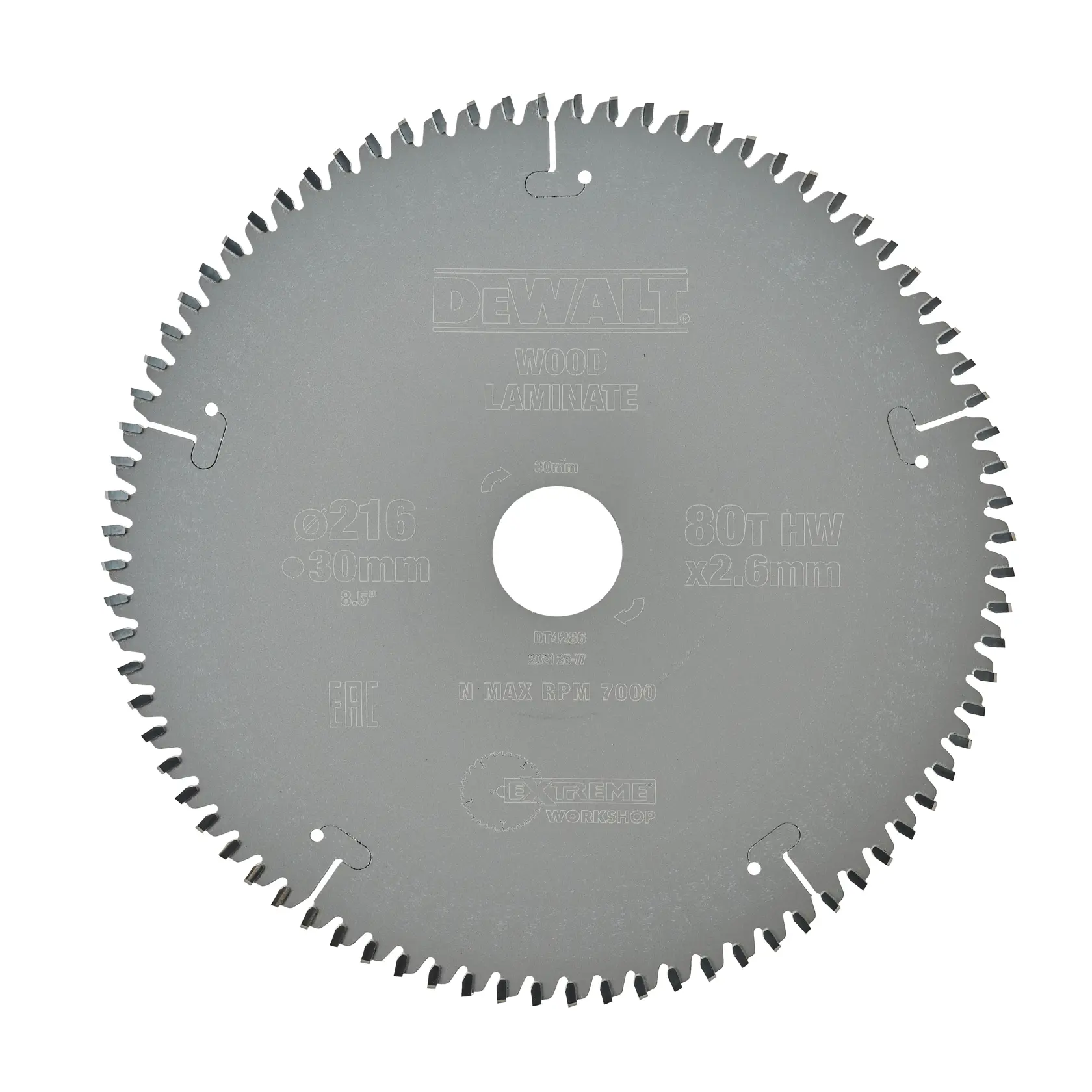 A DEWALT circular saw blade designed for wood and laminate, with 80 teeth and specifications of 216 mm diameter and 30 mm arbor hole.