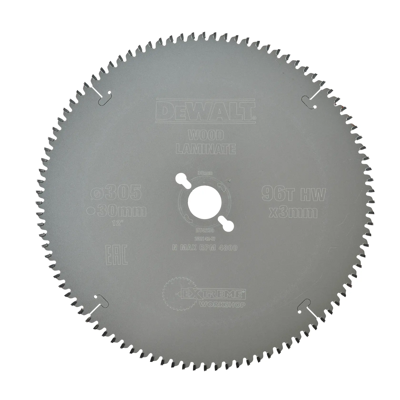 Circular saw blade for wood and laminate with 96 teeth, 305mm diameter, and 30mm bore from DEWALT, labeled Extreme Workshop.
