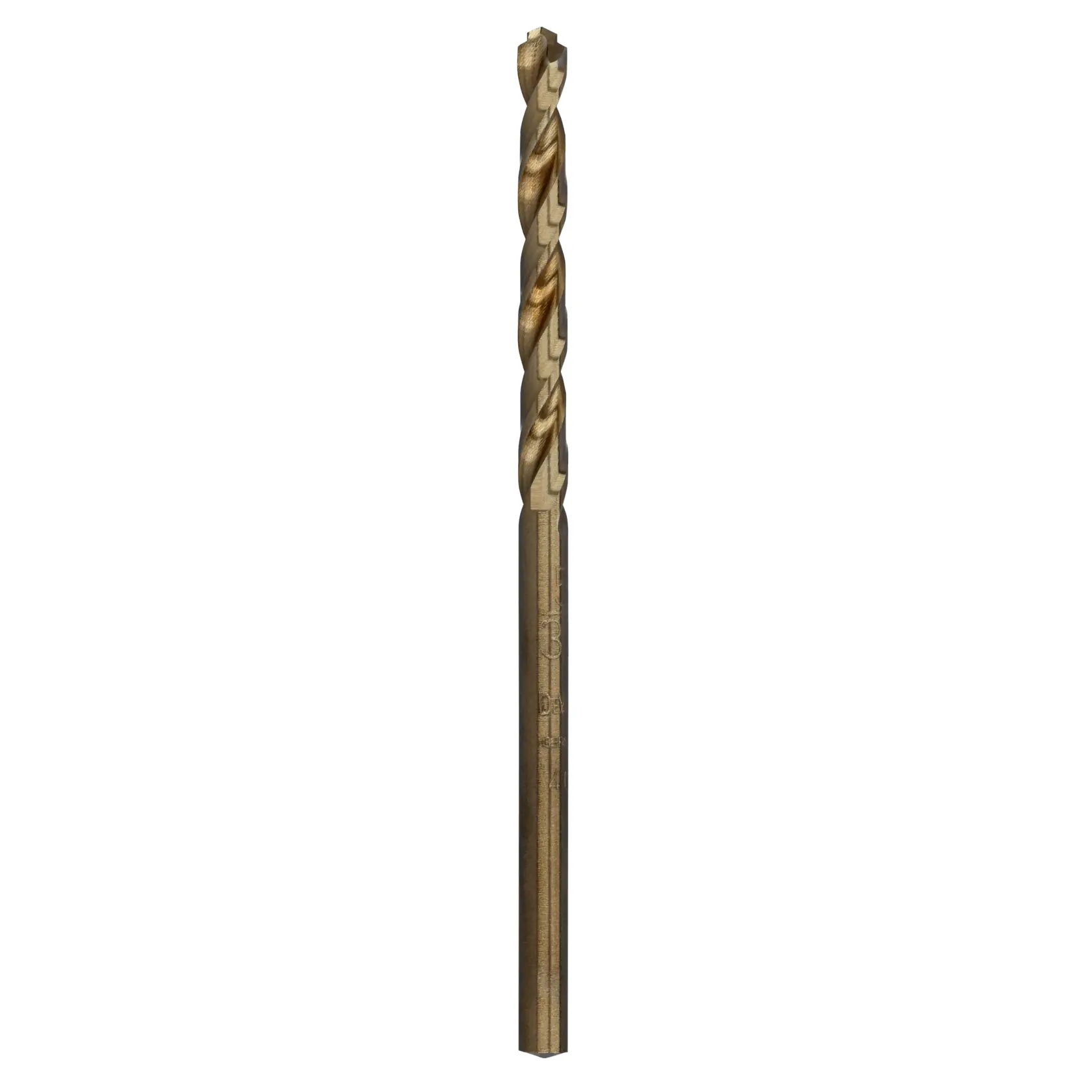 A single gold-colored metal drill bit with a twisted shaft, shown vertically on a white background.