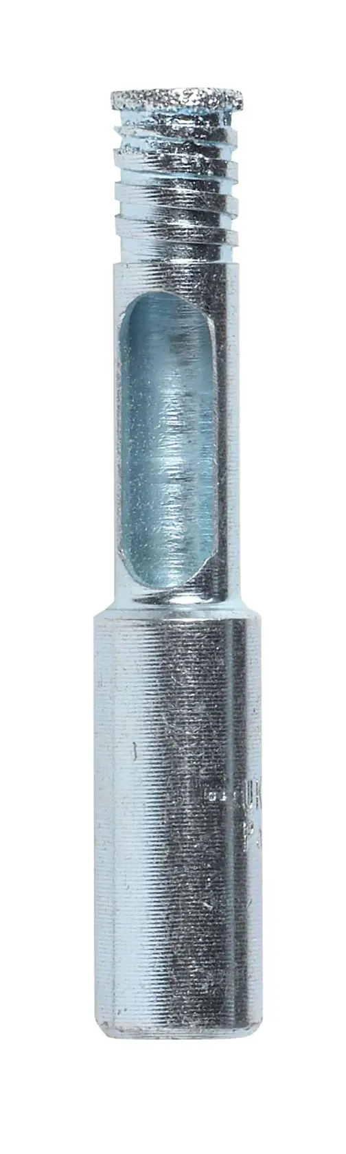 A close-up image of a DEWALT DT6040 cylindrical diamond core drill bit, designed for precision drilling in materials like tile, glass, or ceramics. The bit is metallic with grooves and a hollow section near the tip.