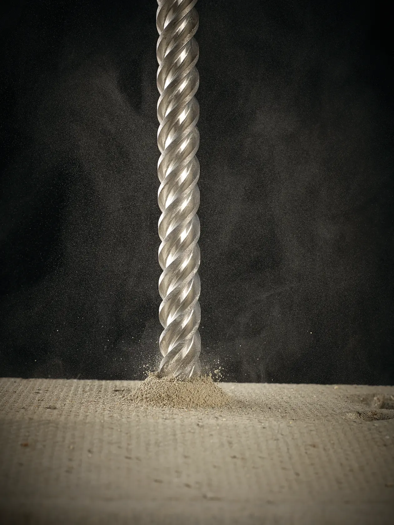 Close-up of a spiral drill bit making a hole in concrete, with dust visible around the tip.