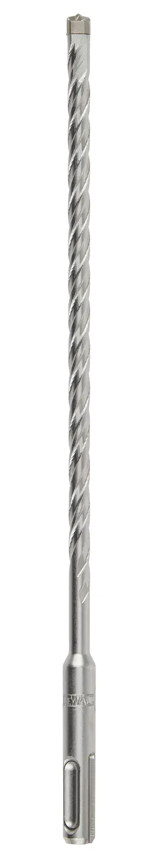 A long, silver-colored masonry drill bit with a spiral design and an SDS shank, photographed against a white background.