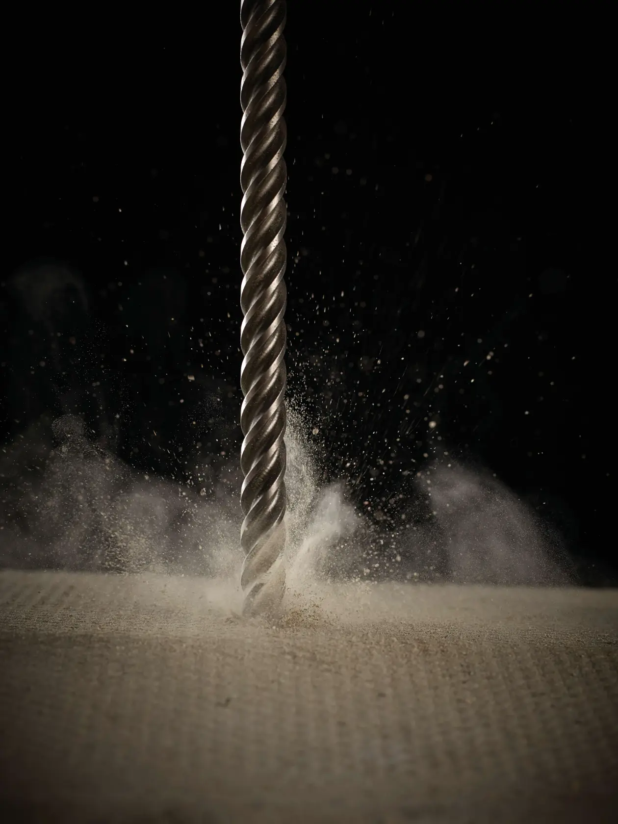 Close-up of a metal drill bit cutting into a surface, with dust and debris flying in all directions.