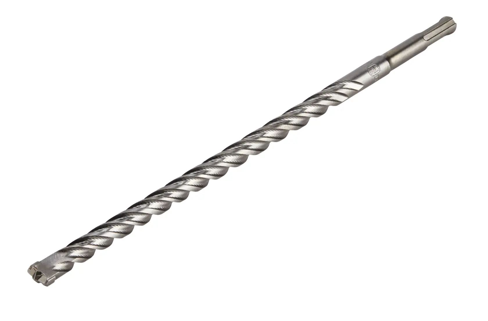 A long, silver-colored DEWALT SDS hammer drill bit with a spiral flute design, suitable for masonry and concrete drilling.