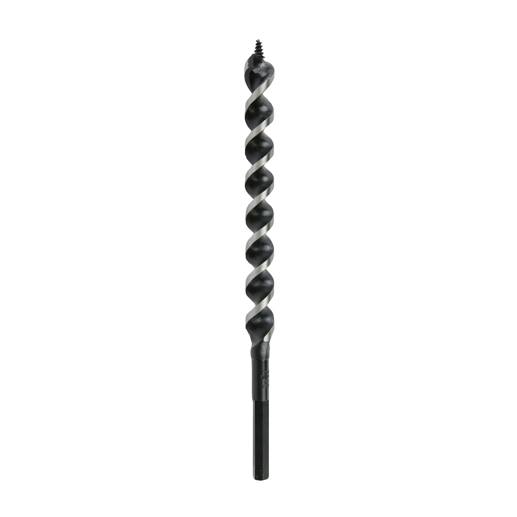 Single DEWALT auger drill bit with spiral design for wood drilling, shown upright on a white background.