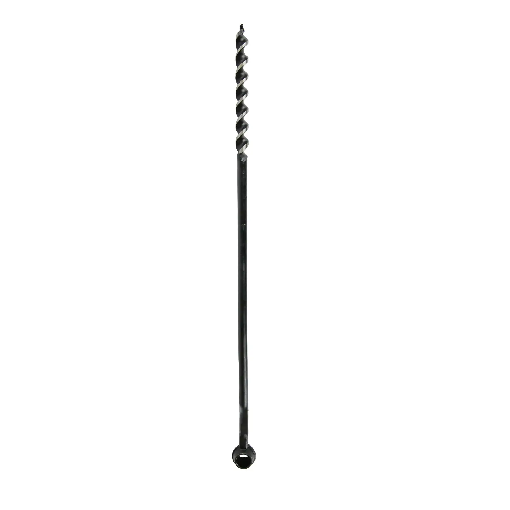 Long black auger drill bit with spiral tip, designed for woodworking and precision drilling tasks.
