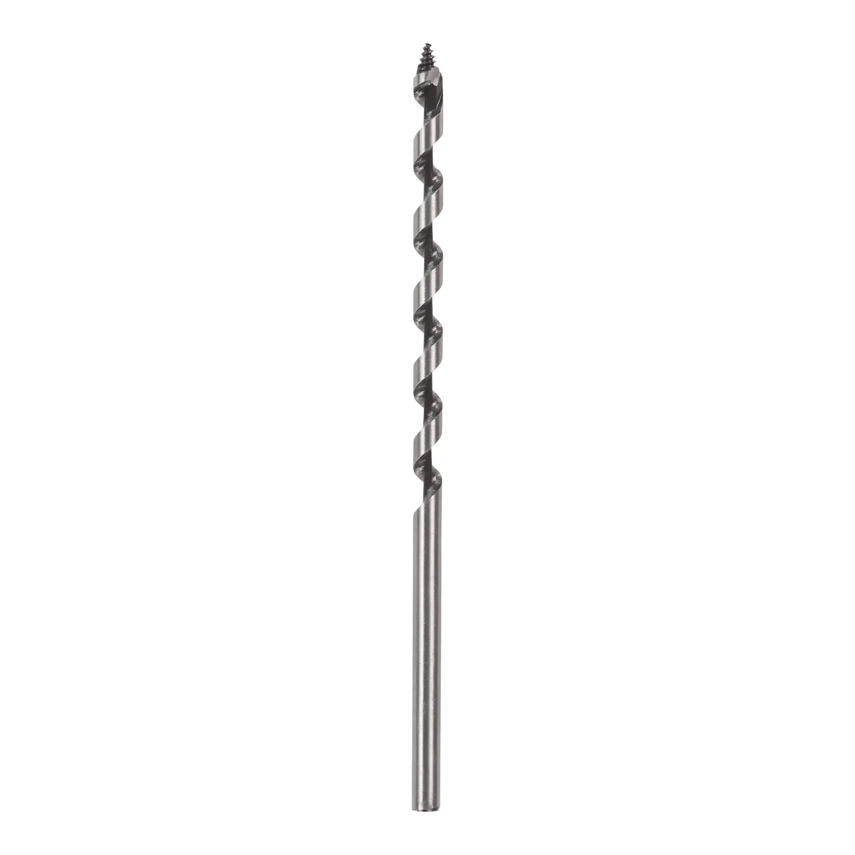 Single metal auger drill bit with spiral grooves for wood drilling, isolated on a white background.
