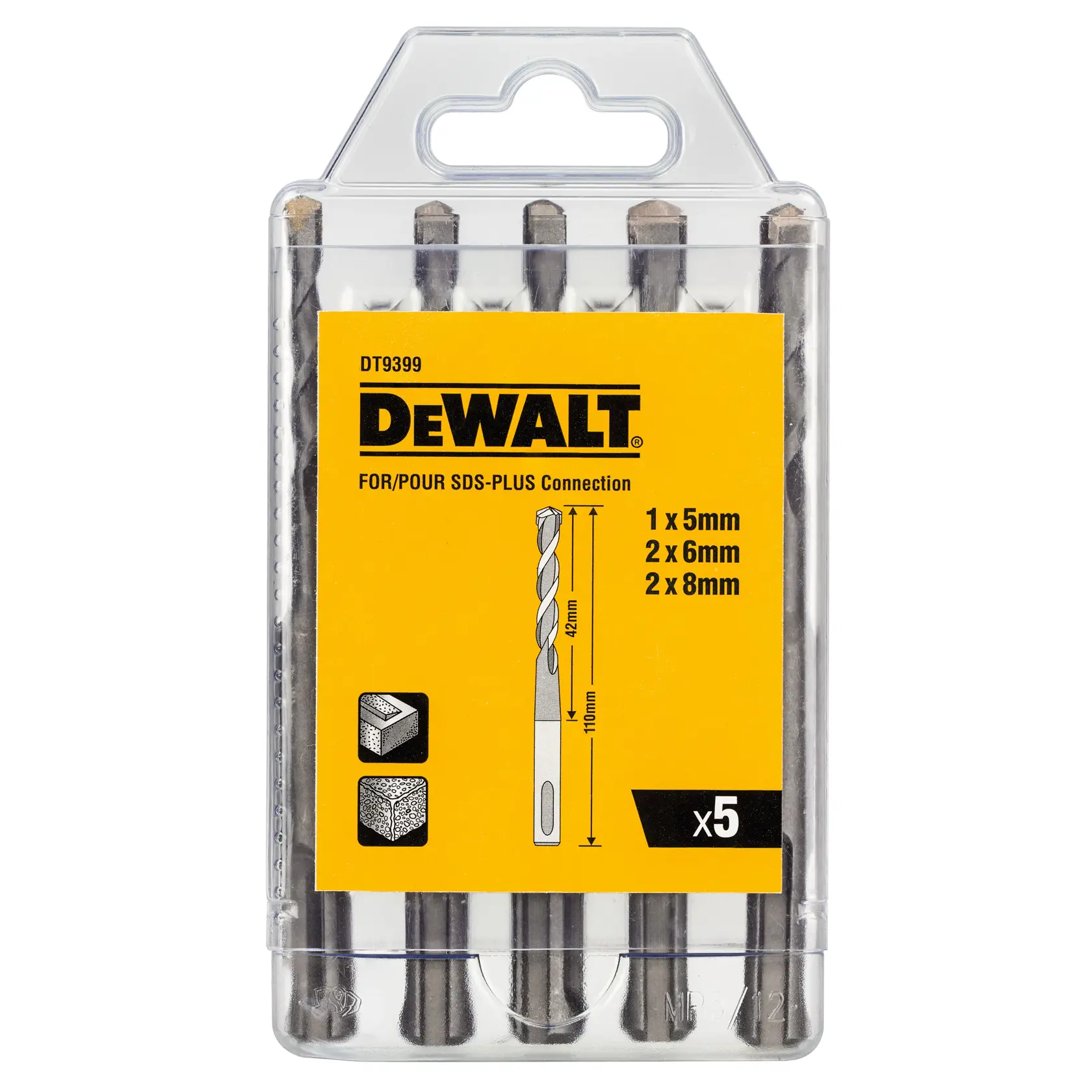 DEWALT DT9399 SDS-Plus drill bit set in a plastic case. Includes 5 bits of varying sizes for masonry drilling.