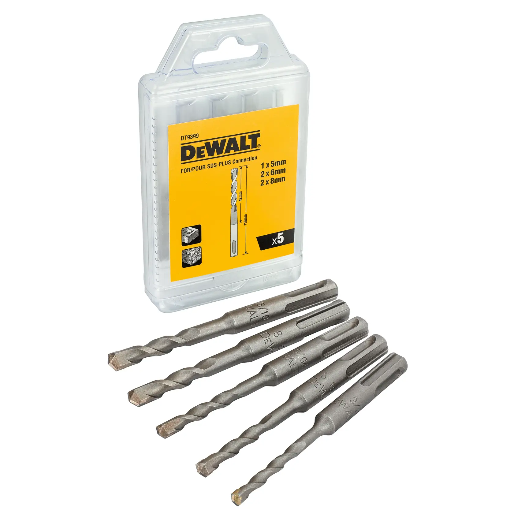 DEWALT DT9399 SDS-Plus drill bit set, 5 pieces with plastic case.