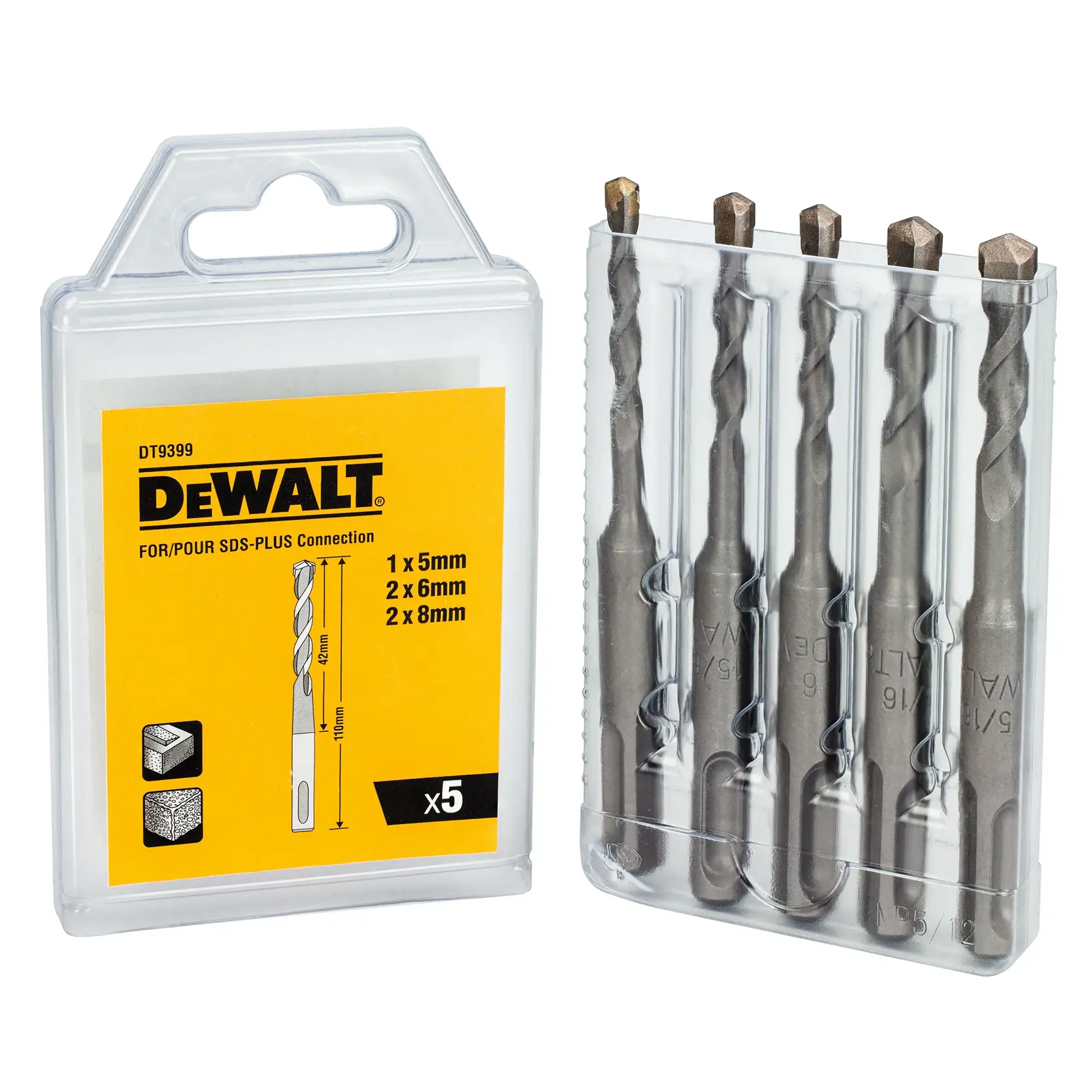 DEWALT DT9399 SDS-Plus drill bit set, five pieces in a plastic case, sizes: 5mm, 6mm, 8mm.