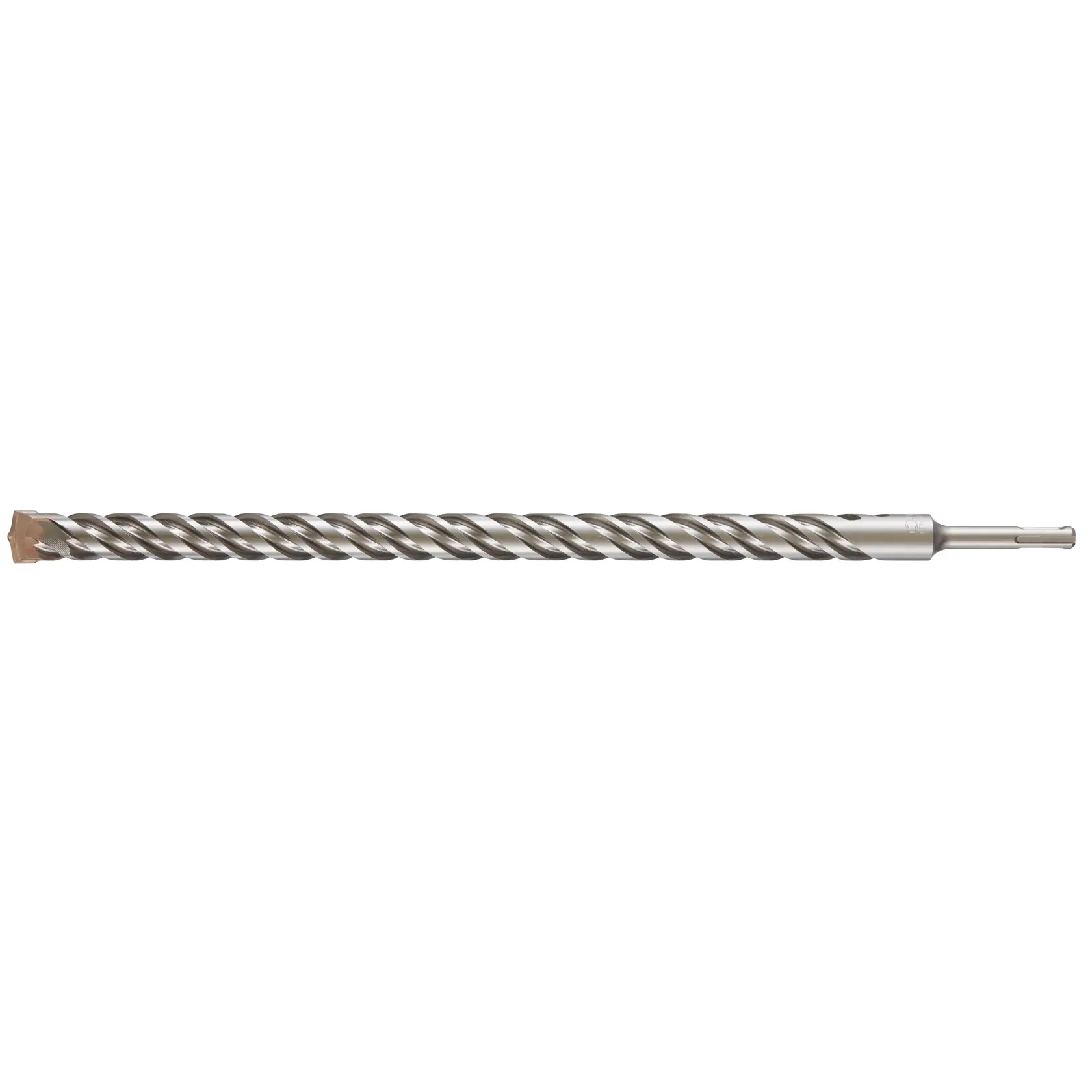A single long, metallic SDS-plus masonry drill bit with a spiral flute design, used for drilling into concrete or stone.