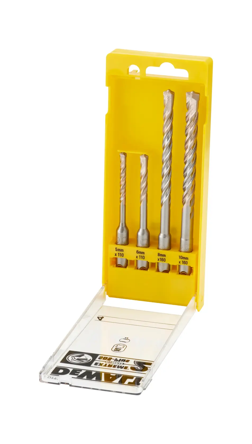 A DEWALT DT9700 set of four masonry drill bits in a yellow plastic case, shown with the case open to display the bits of various sizes.