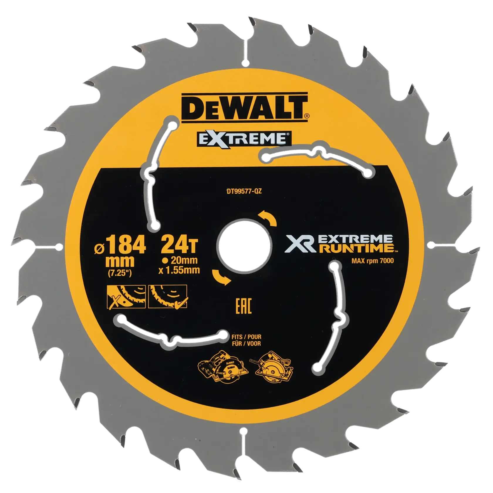 A DEWALT branded circular saw blade, model DT99577-QZ, labelled 'EXTREME' and 'XR EXTREME RUNTIME.' The blade has 24 teeth, a diameter of 184 mm (7.25 inches), 20 mm bore, and 1.55 mm thickness. It's suitable for high runtime applications with a maximum speed of 7000 rpm.