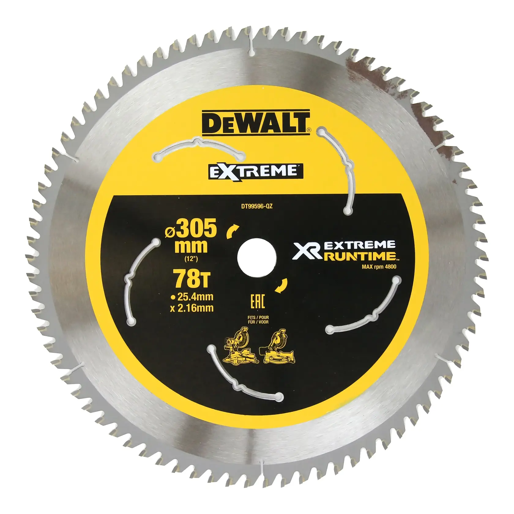 DEWALT DT99596 circular saw blade, 305mm diameter, 78 teeth, Extreme Runtime series, yellow and black design.