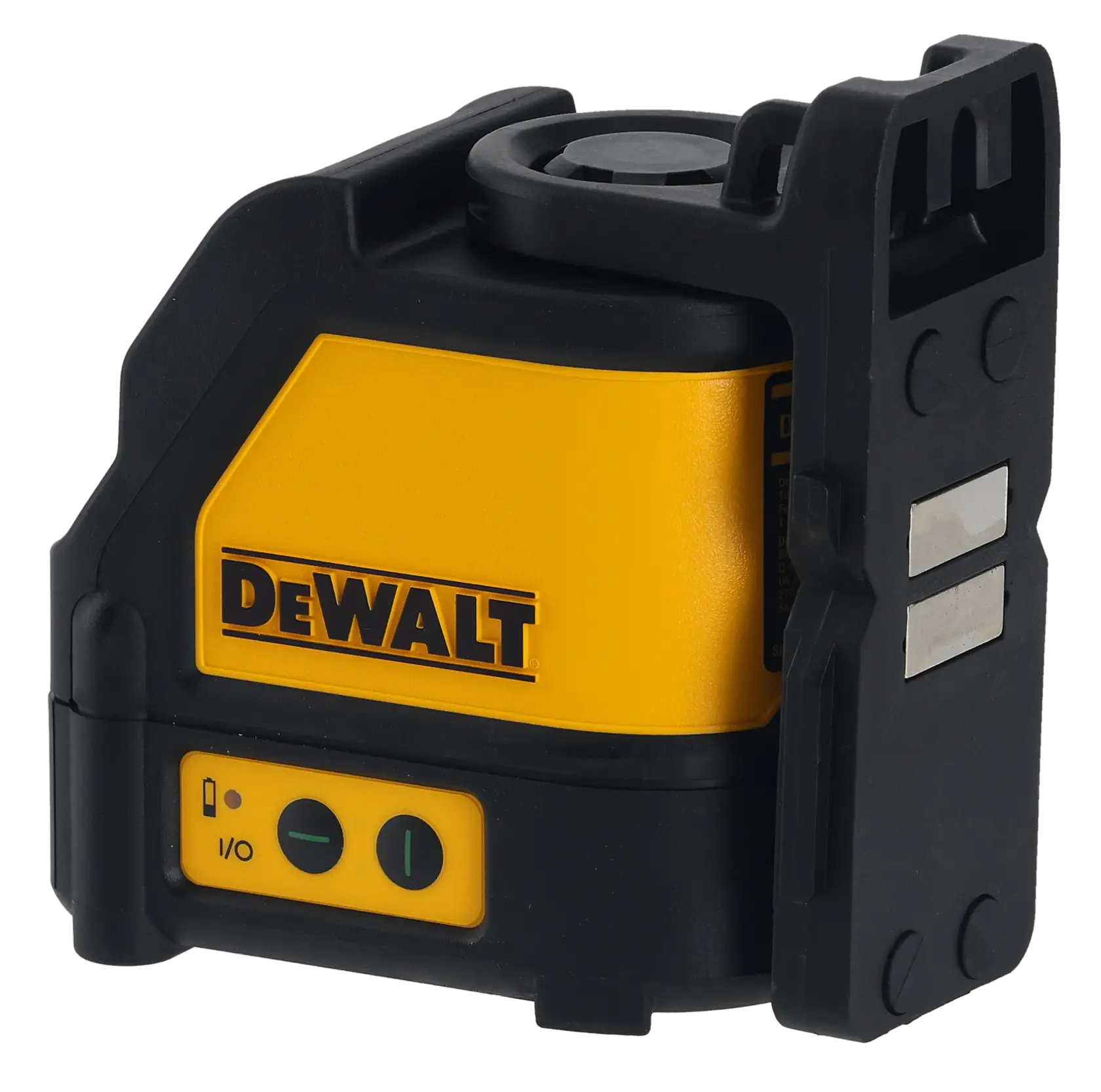 A DEWALT-branded yellow and black laser level device, featuring control buttons and magnetic mounts, designed for precise alignment in construction and photography applications.