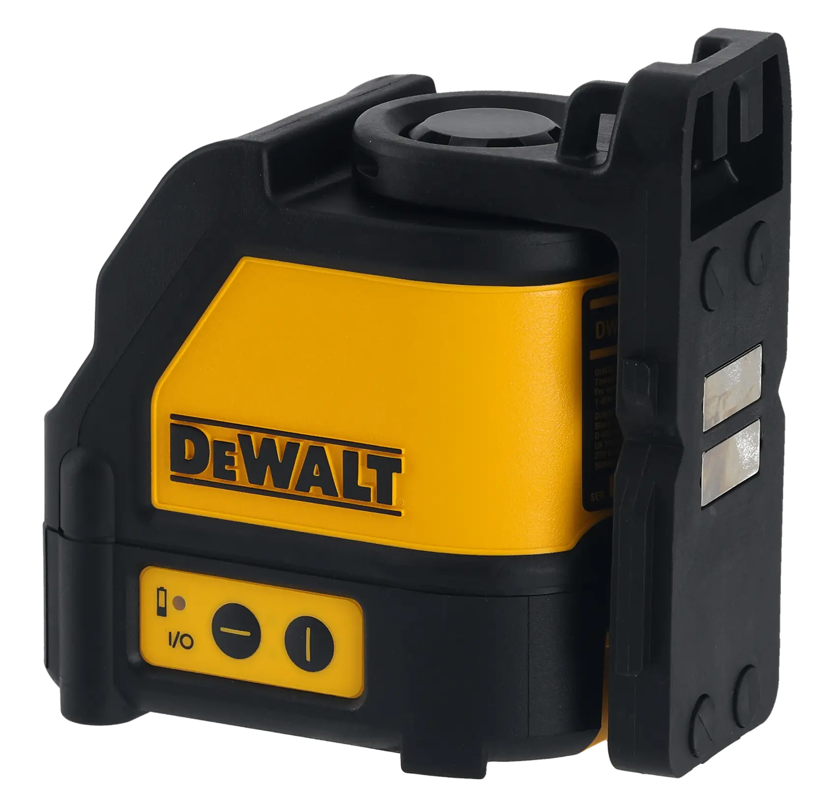 A DEWALT DW088K laser level is mounted on a metal column, projecting a red horizontal line across a construction site interior. In the background, a worker wearing a safety vest and helmet is aligning materials along the laser line.