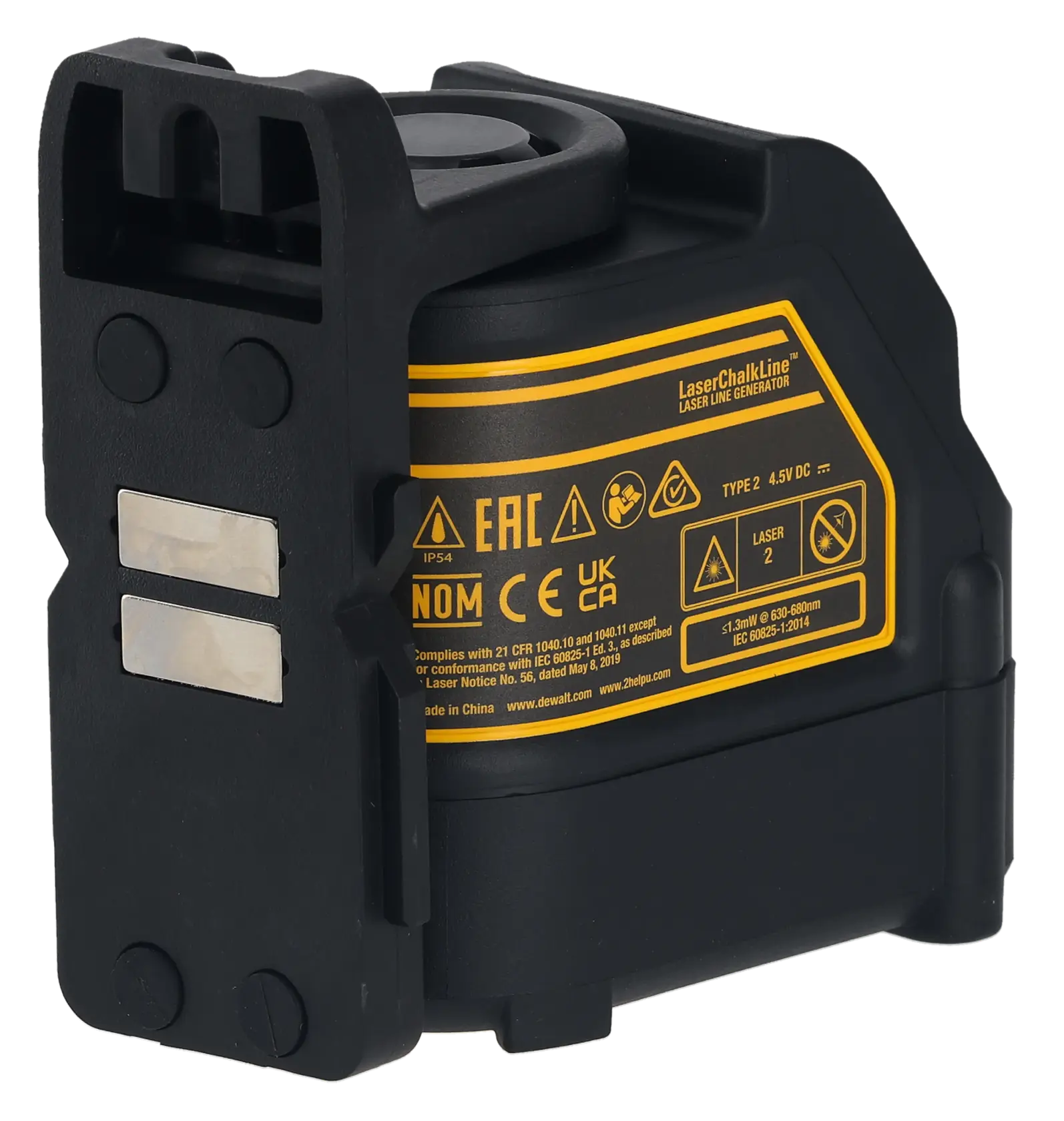 Dewalt DW088K cross line laser level. The device is yellow and black, features control buttons on the front, and has the Dewalt logo on the side. It is housed in a sturdy casing.