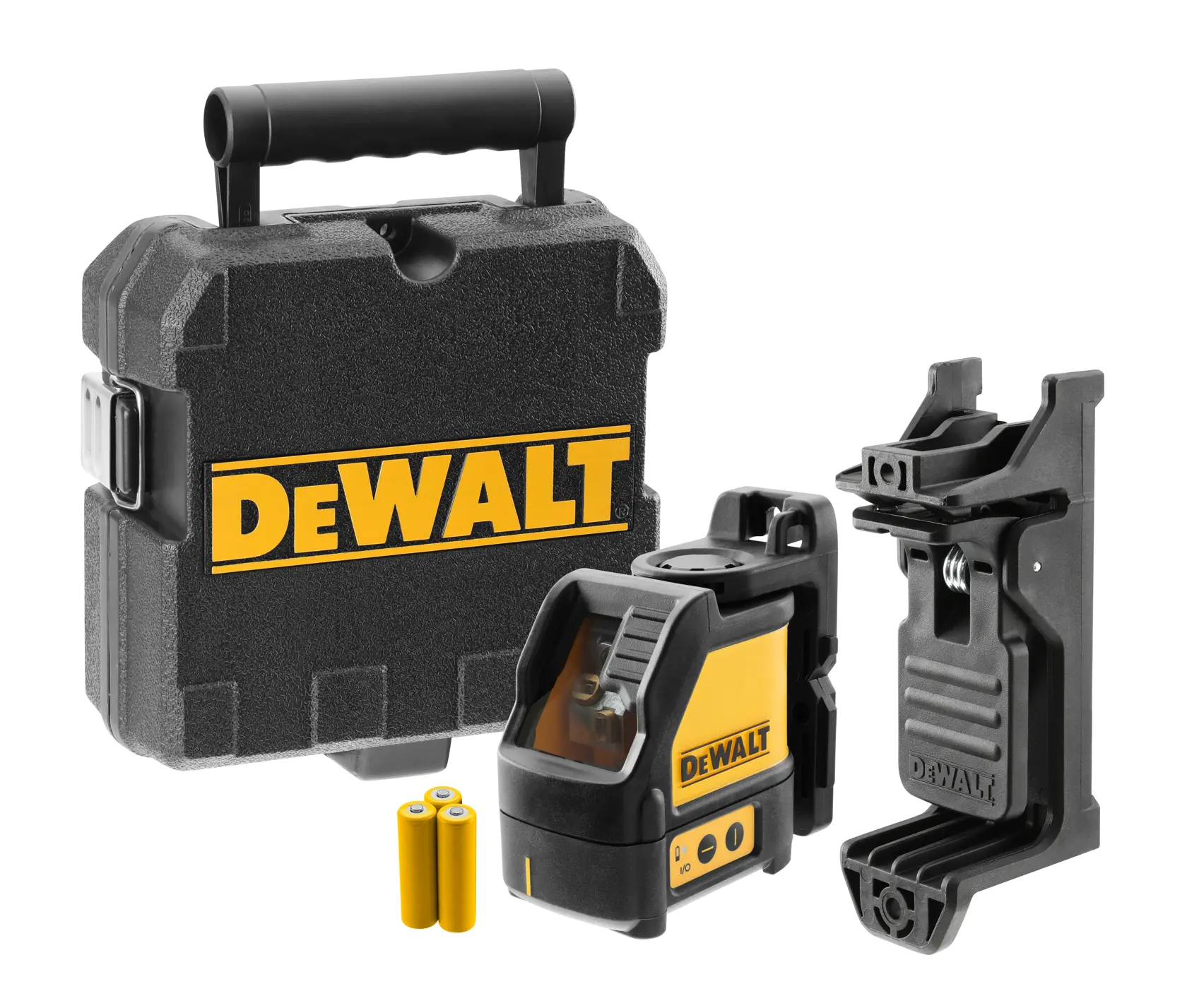 Dewalt DW088K cross line laser level. The device is yellow and black, features control buttons on the front, and has the Dewalt logo on the side. It is housed in a sturdy casing.