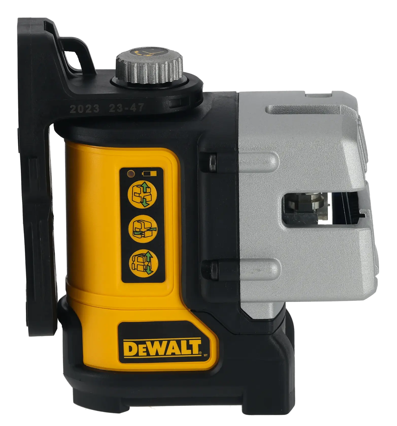 Side view of a DEWALT DW089CG green self-leveling cross line laser level, showing its control panel and sturdy construction, used for precise leveling and alignment in construction and photography tasks.