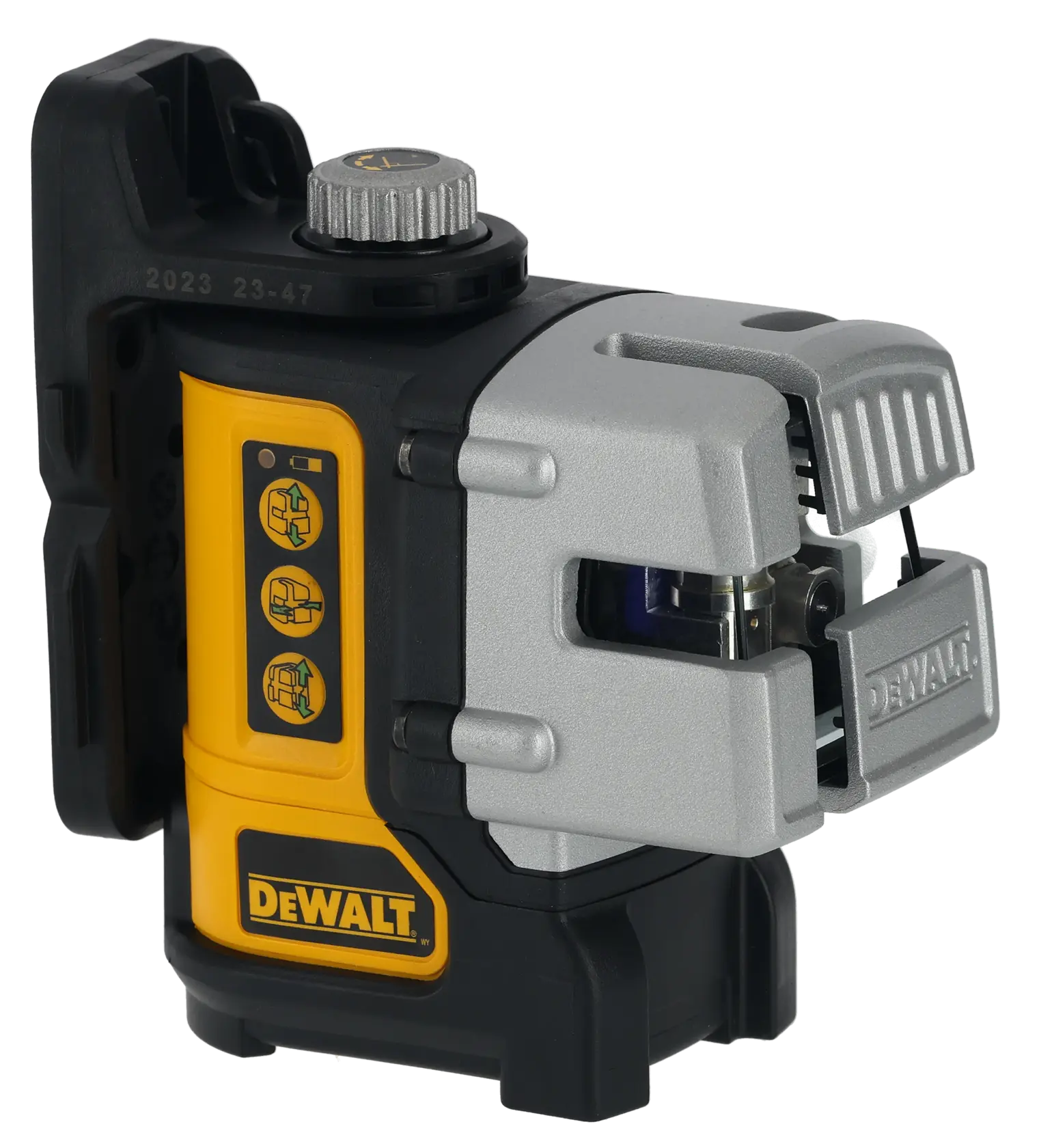 A DEWALT DW089CG green self-leveling cross line laser level, featuring a robust yellow and black body with control buttons and a mount for precise alignment in construction or photography applications.