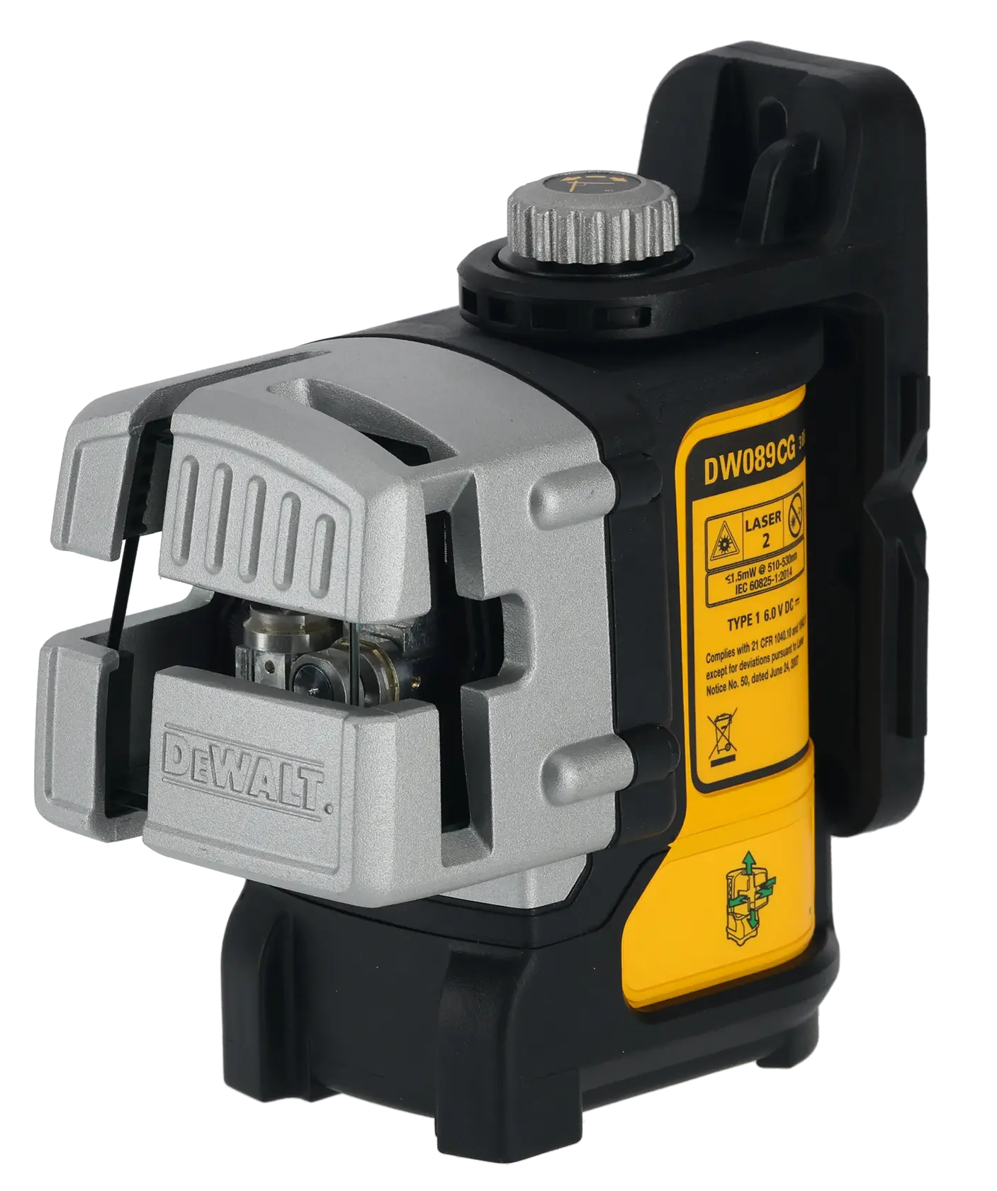 A DEWALT DW089CG green cross line laser level device with a robust gray and black casing featuring yellow warning and instruction labels on the side, typically used for precise measurements and leveling in construction and photography.