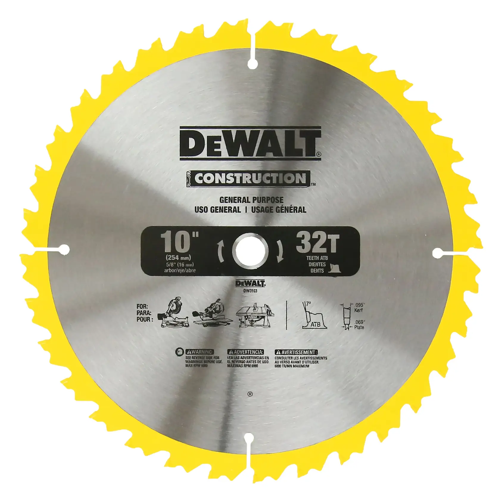 Close-up image of a DEWALT 10-inch construction saw blade with 60 teeth, featuring reduced vibration thanks to a computer balanced plate. The blade is intended for fine finish and crosscut applications, and the packaging displays specifications such as arbor size, tooth type, and kerf thickness.