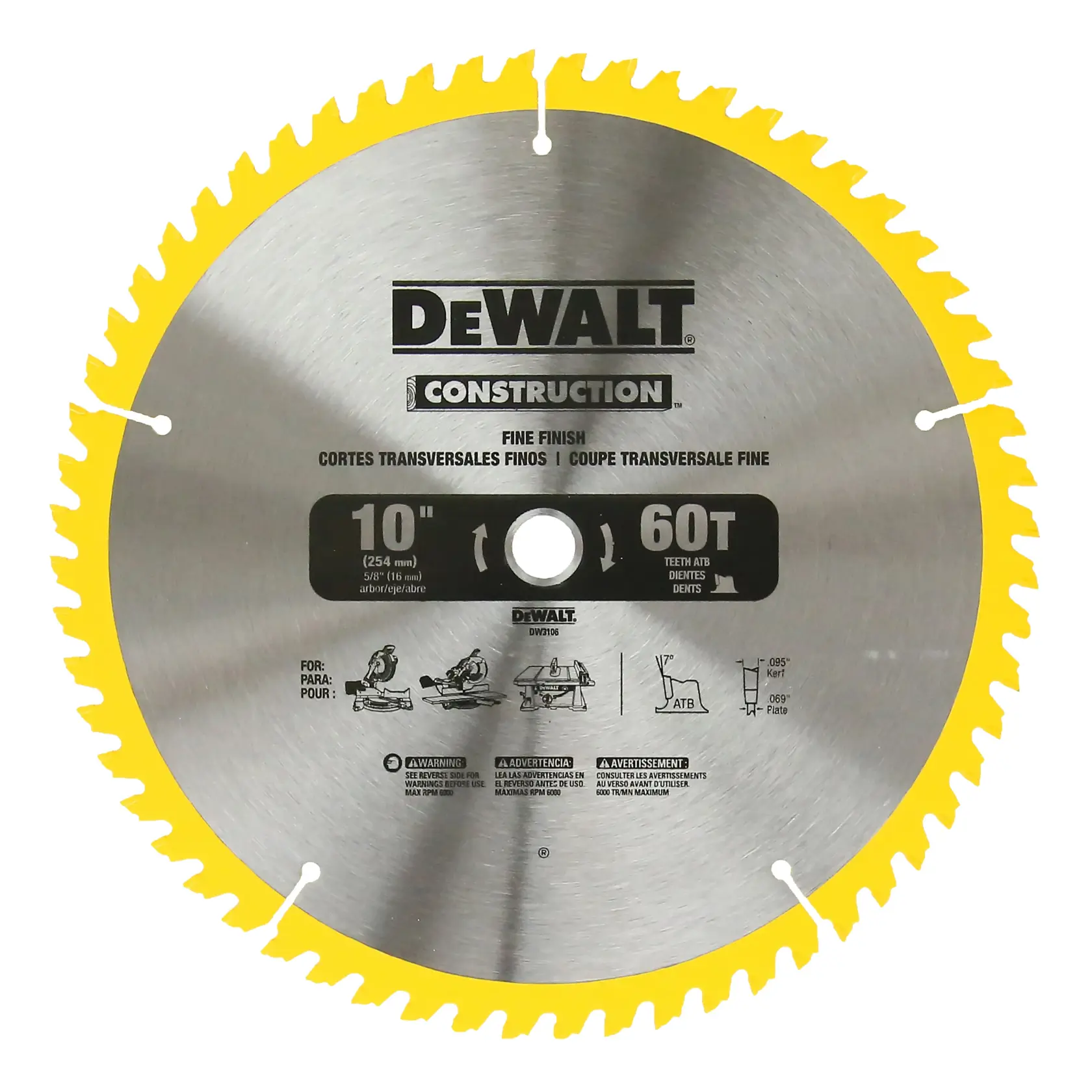 Close-up image of a DEWALT 10-inch construction saw blade with 60 teeth, featuring reduced vibration thanks to a computer balanced plate. The blade is intended for fine finish and crosscut applications, and the packaging displays specifications such as arbor size, tooth type, and kerf thickness.