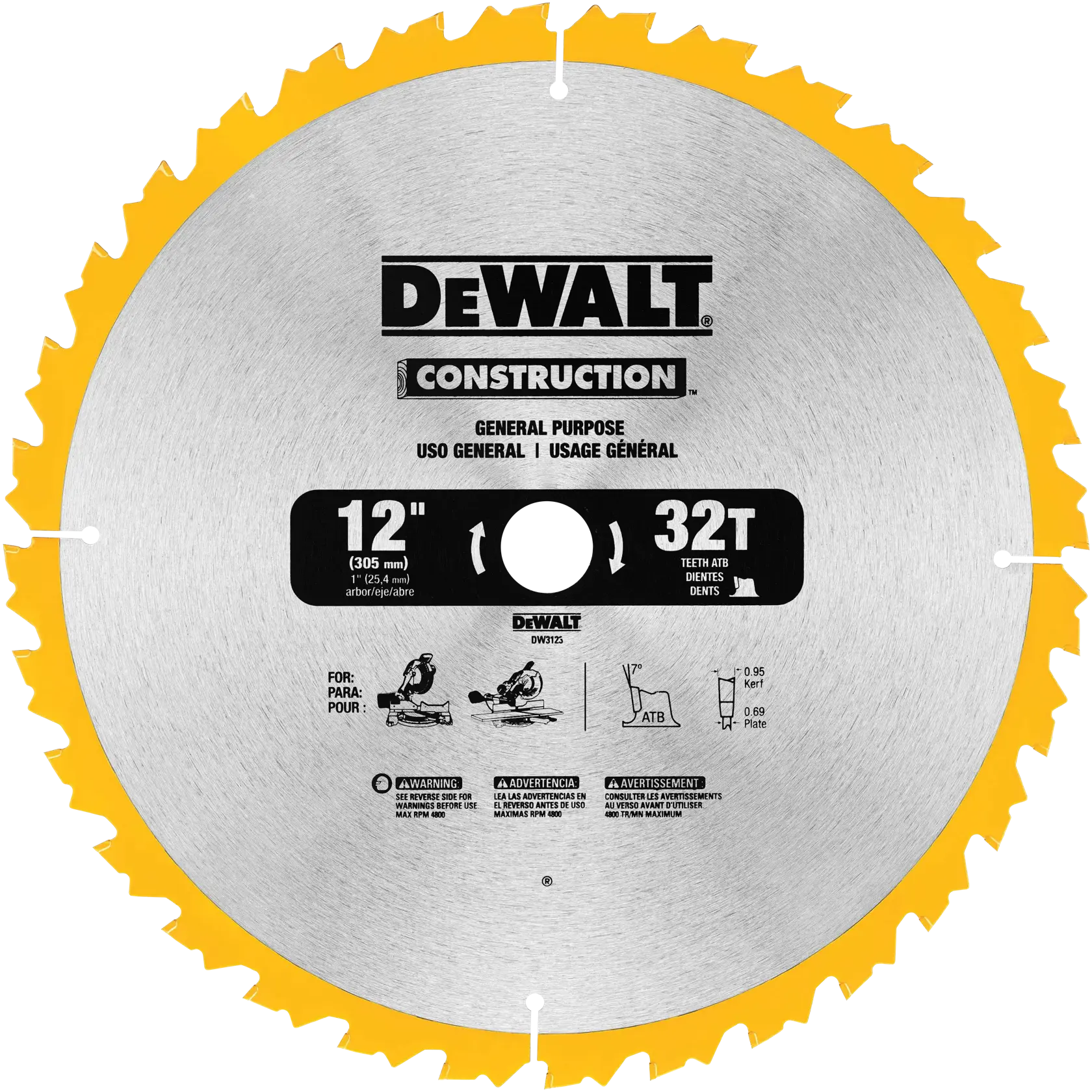 A close-up of a DEWALT miter saw cutting a piece of wood in a workshop, with a person's arm guiding the wood.