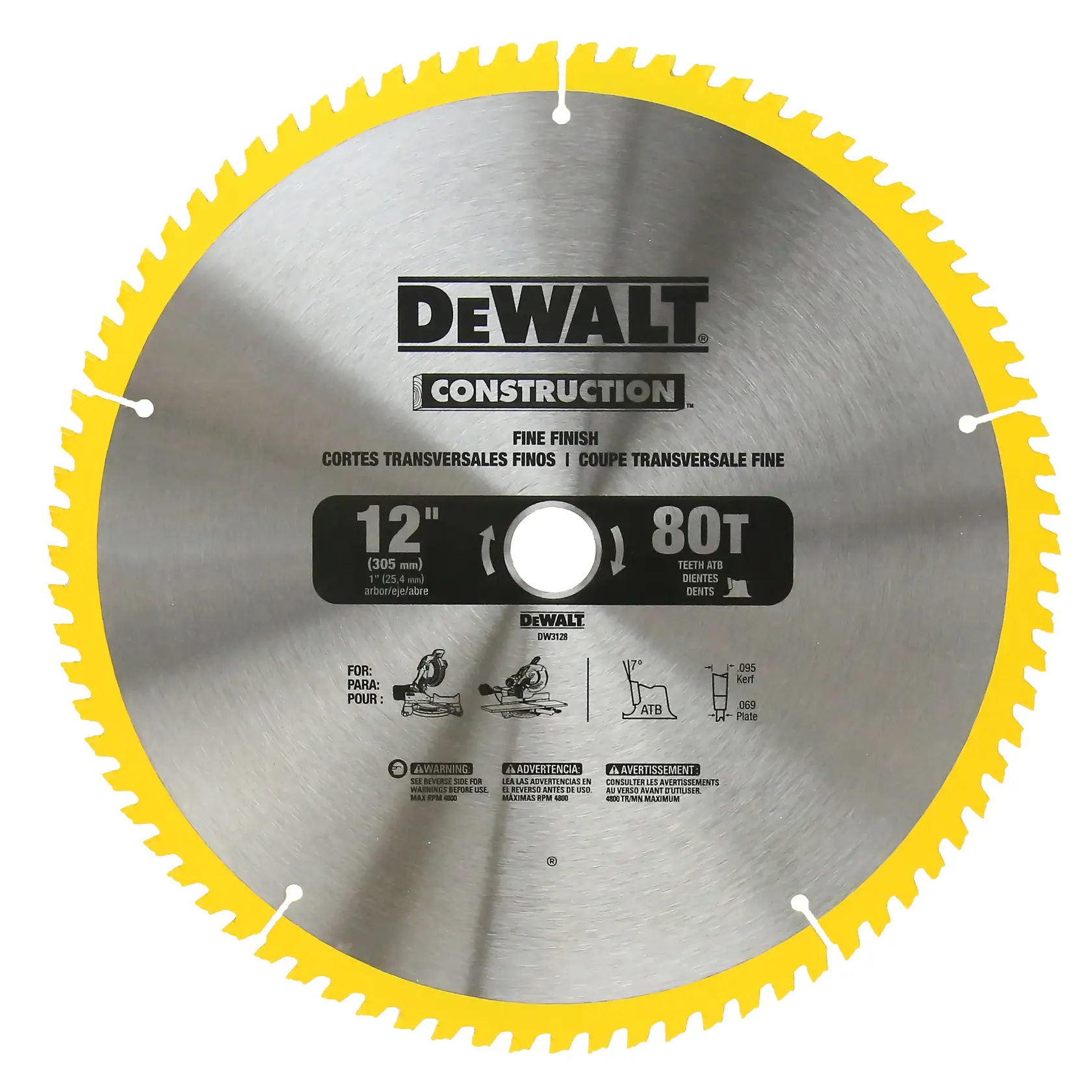 Two DEWALT construction circular saw blades are shown. The left blade is labeled for general purpose use, 12 inches in diameter, with 32 teeth. The right blade is labeled for fine finish use, 12 inches in diameter, with 80 teeth. Both blades are yellow with black text and safety information.