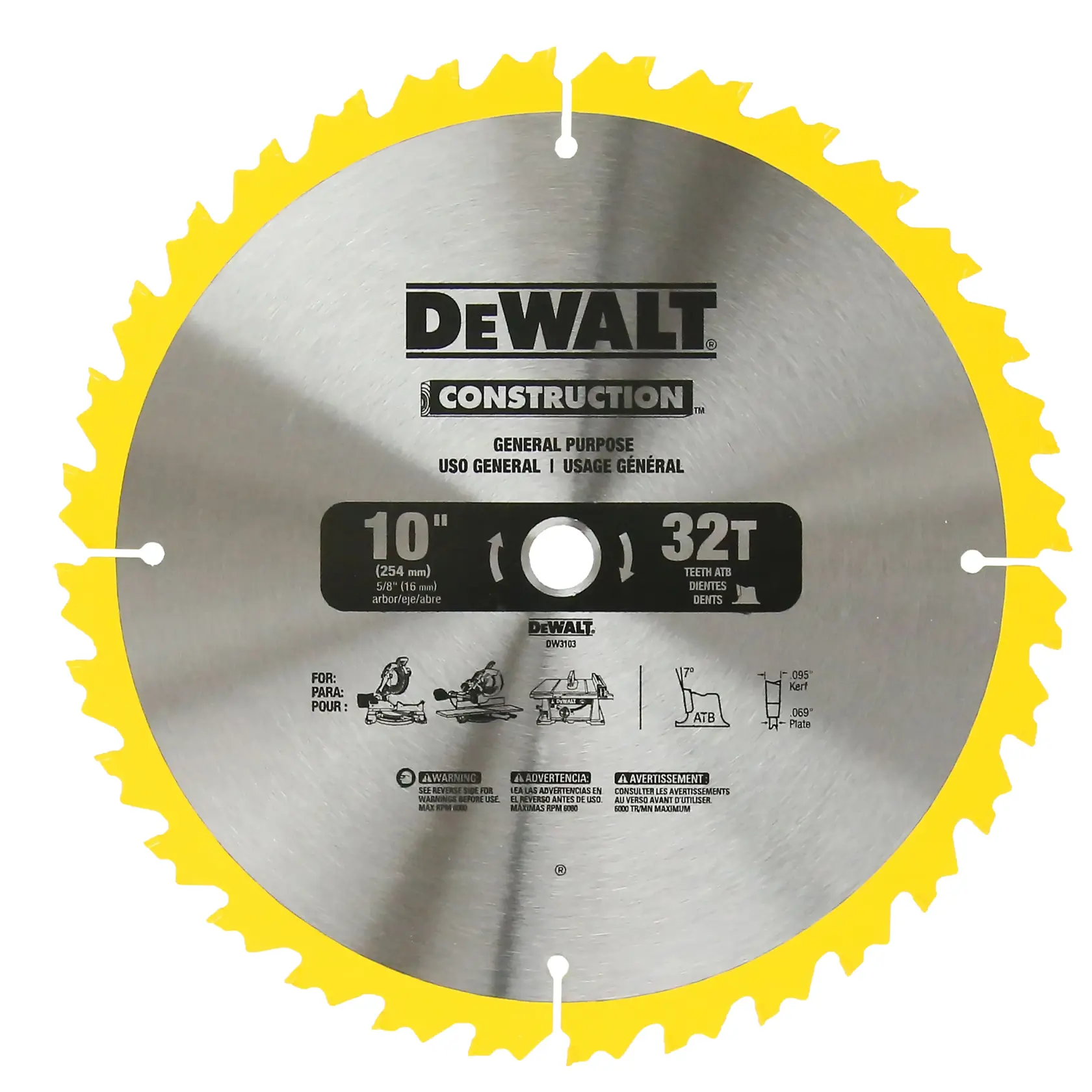 Two DEWALT construction circular saw blades are shown. The left blade is labeled for general purpose use, 12 inches in diameter, with 32 teeth. The right blade is labeled for fine finish use, 12 inches in diameter, with 80 teeth. Both blades are yellow with black text and safety information.