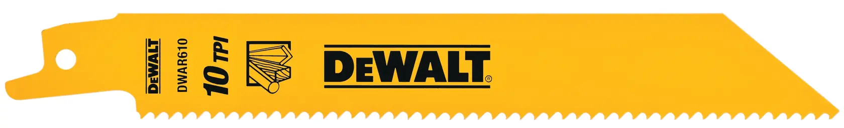 A yellow DEWALT-branded reciprocating saw blade, model DW4806, with 10 teeth per inch (TPI), suitable for cutting wood and construction material.