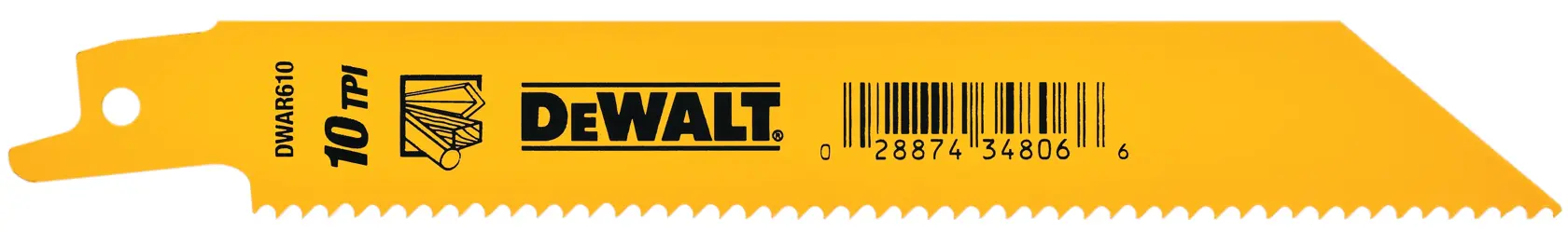 A yellow DEWALT reciprocating saw blade with pointed tip, straight teeth, and markings including DEWALT branding, a barcode, and '10 TPI'.