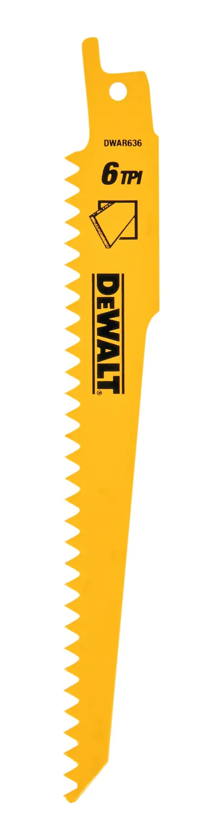 A yellow DEWALT reciprocating saw blade with sharp teeth, labeled with 6 TPI, suitable for wood and other materials.