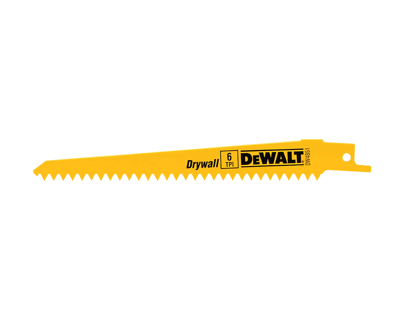 A yellow DEWALT drywall saw blade, model DW4851, with 6 teeth per inch. The blade is displayed against a white background.