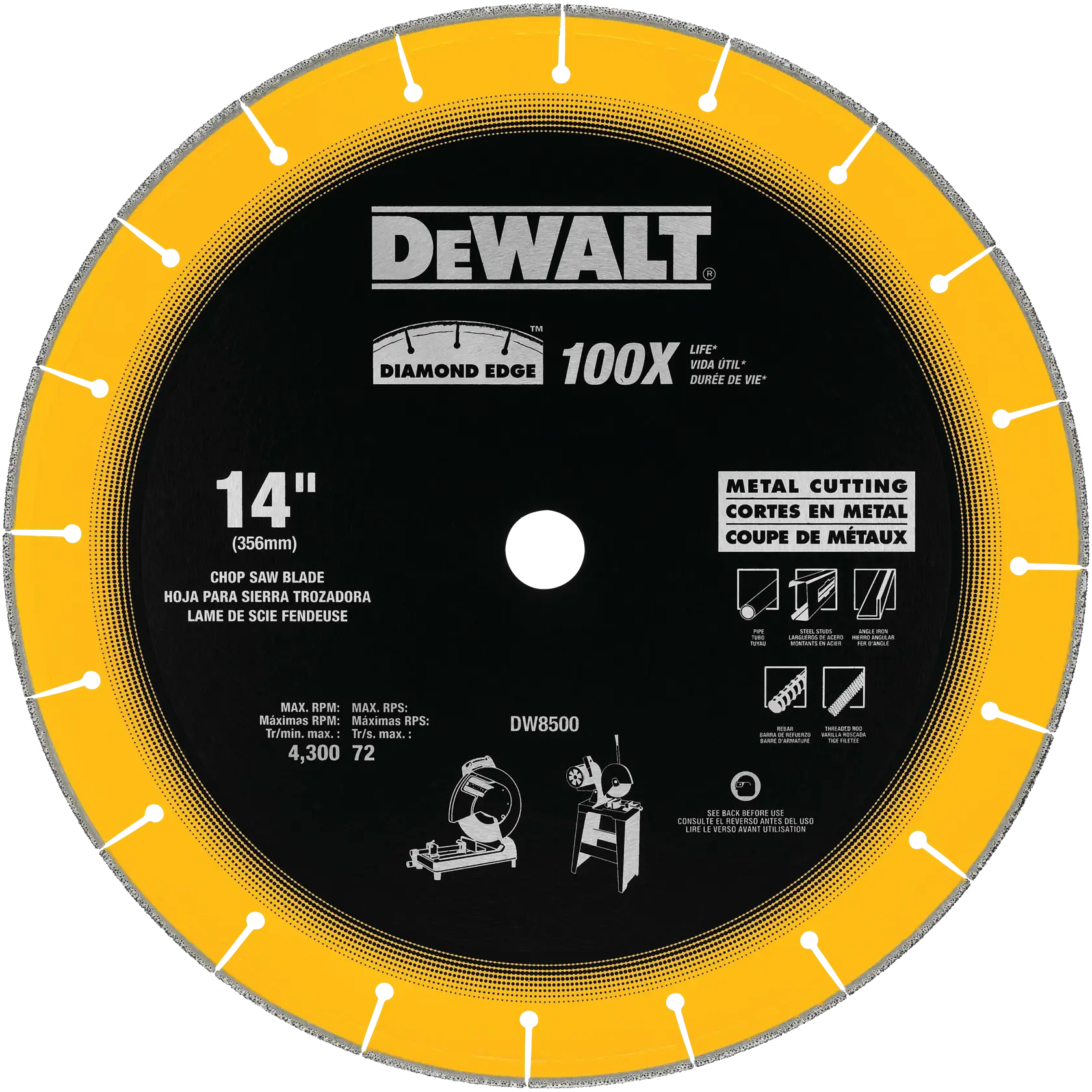 DEWALT DW8500 14-inch (356mm) diamond edge chop saw blade for metal cutting, with a yellow and black circular design and product details including max RPM and compatible uses.
