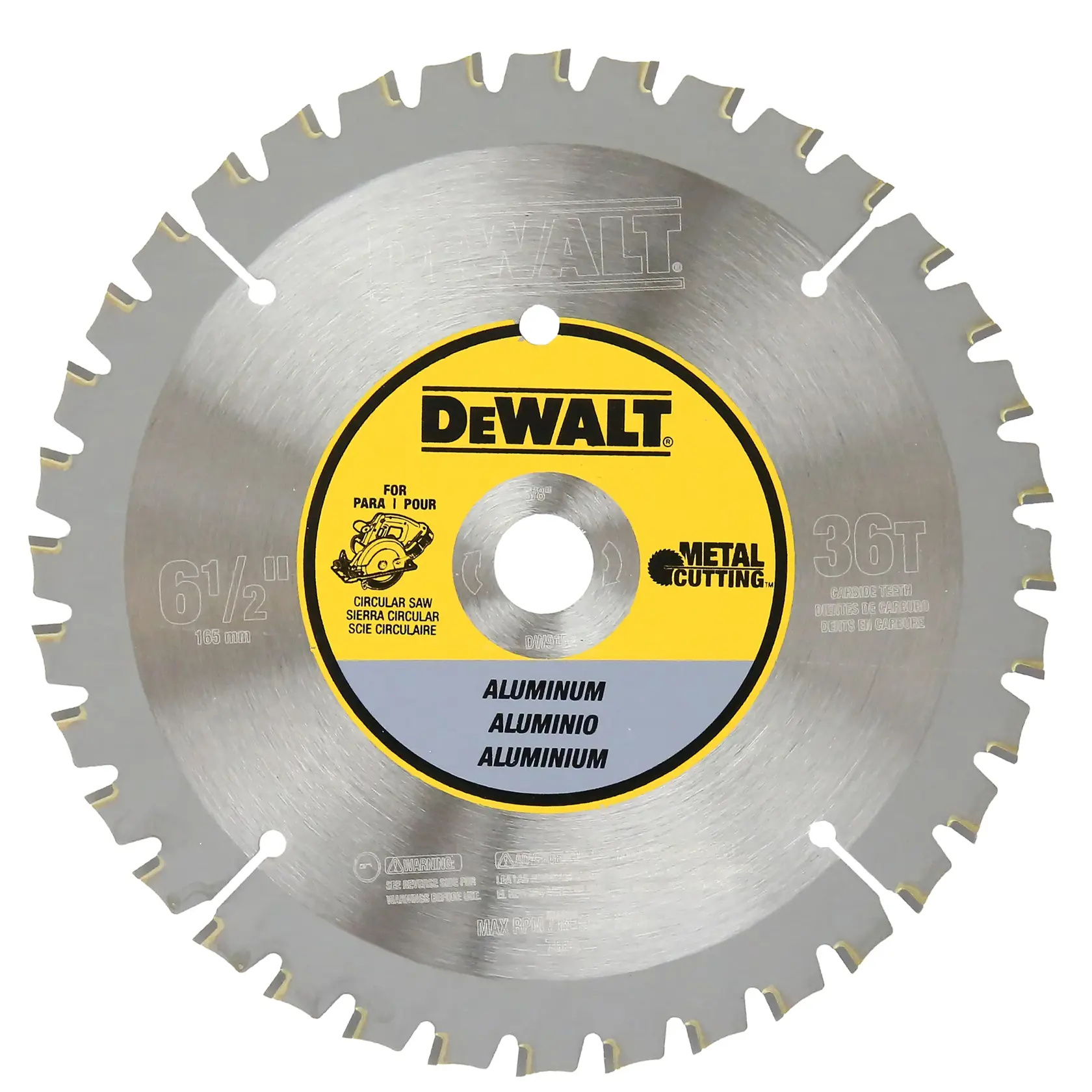 DEWALT circular saw blade for cutting aluminum, 36 teeth, 6.5 inch, metal cutting, labeled in multiple languages.