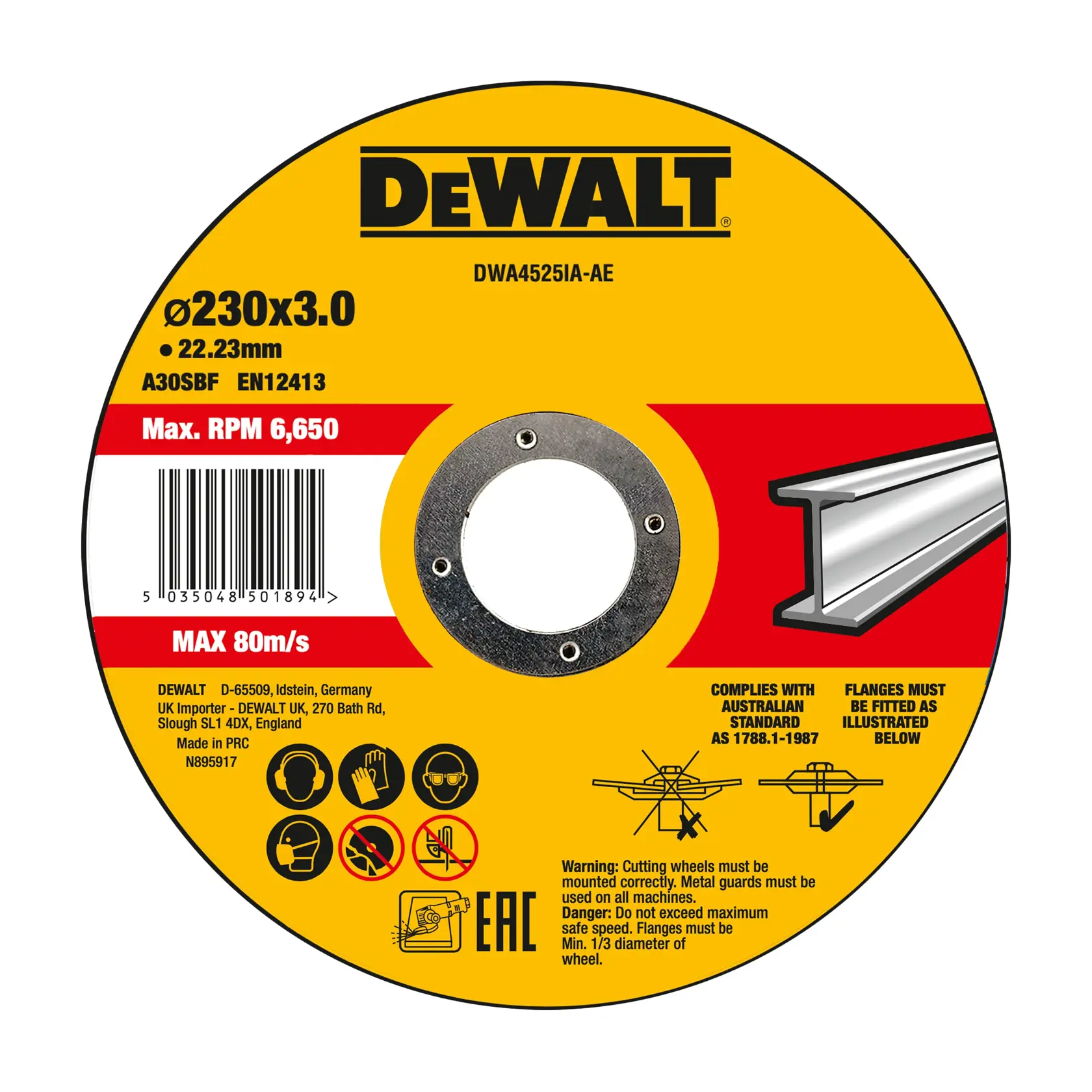 DEWALT DWA4525SIA metal cutting wheel, 230x3.0mm size, max RPM 6650, safety icons and usage instructions shown.