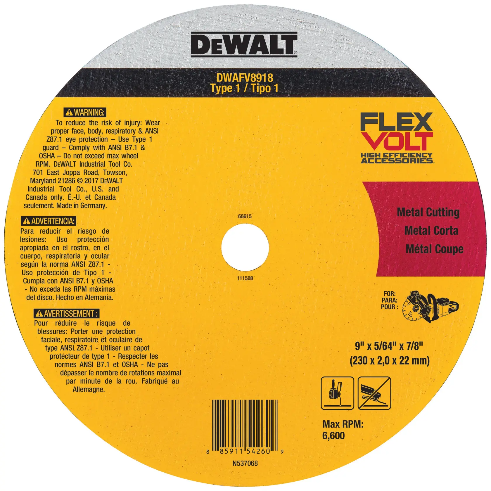 DEWALT® FlexVOLT 9-Inch (230mm) Ceramic Metal Cut-Off Wheel