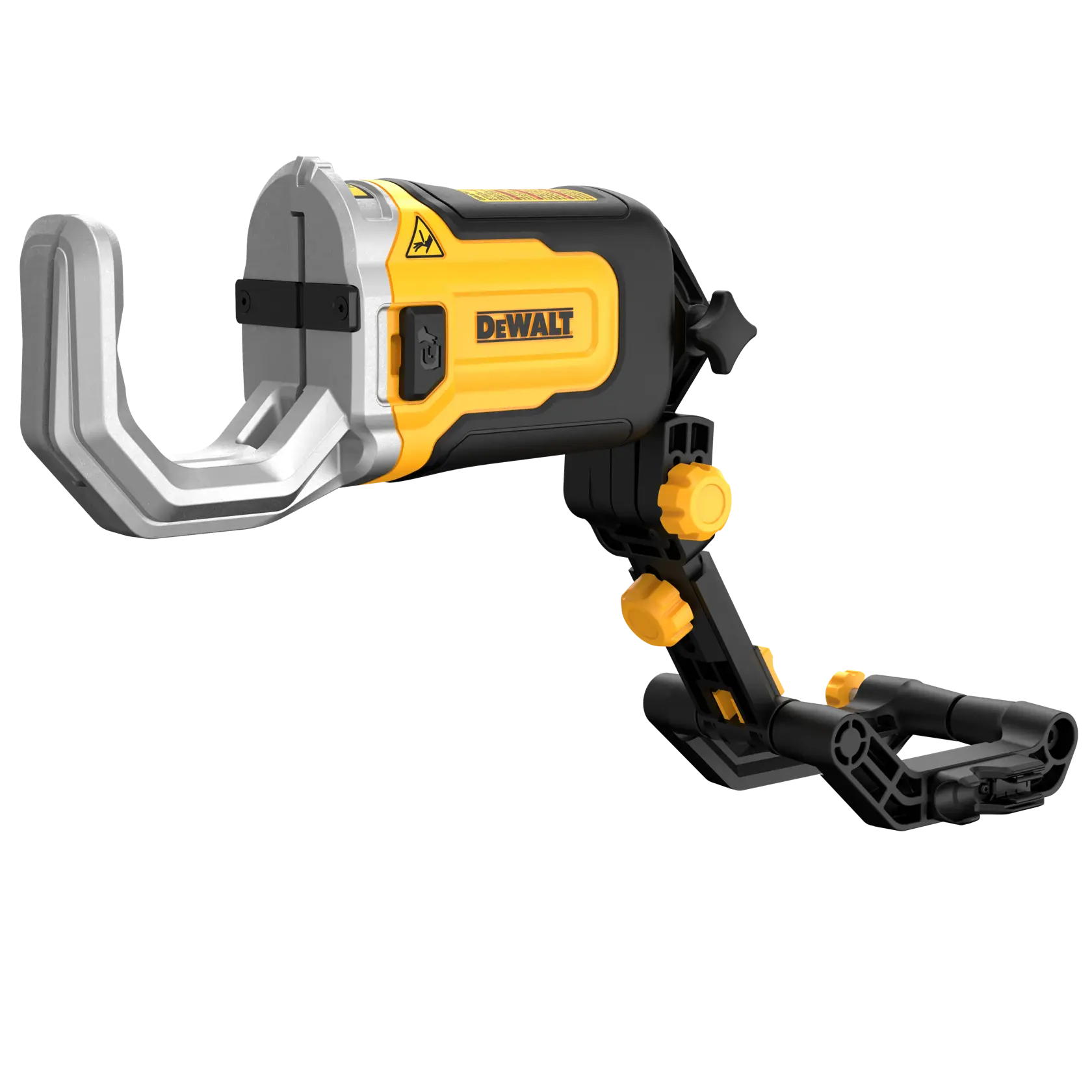 A DEWALT branded tool with a yellow and black body, featuring a large metal clamp or hook at the front and an adjustable arm with several yellow knobs, designed for industrial or construction applications, displayed on a white background.