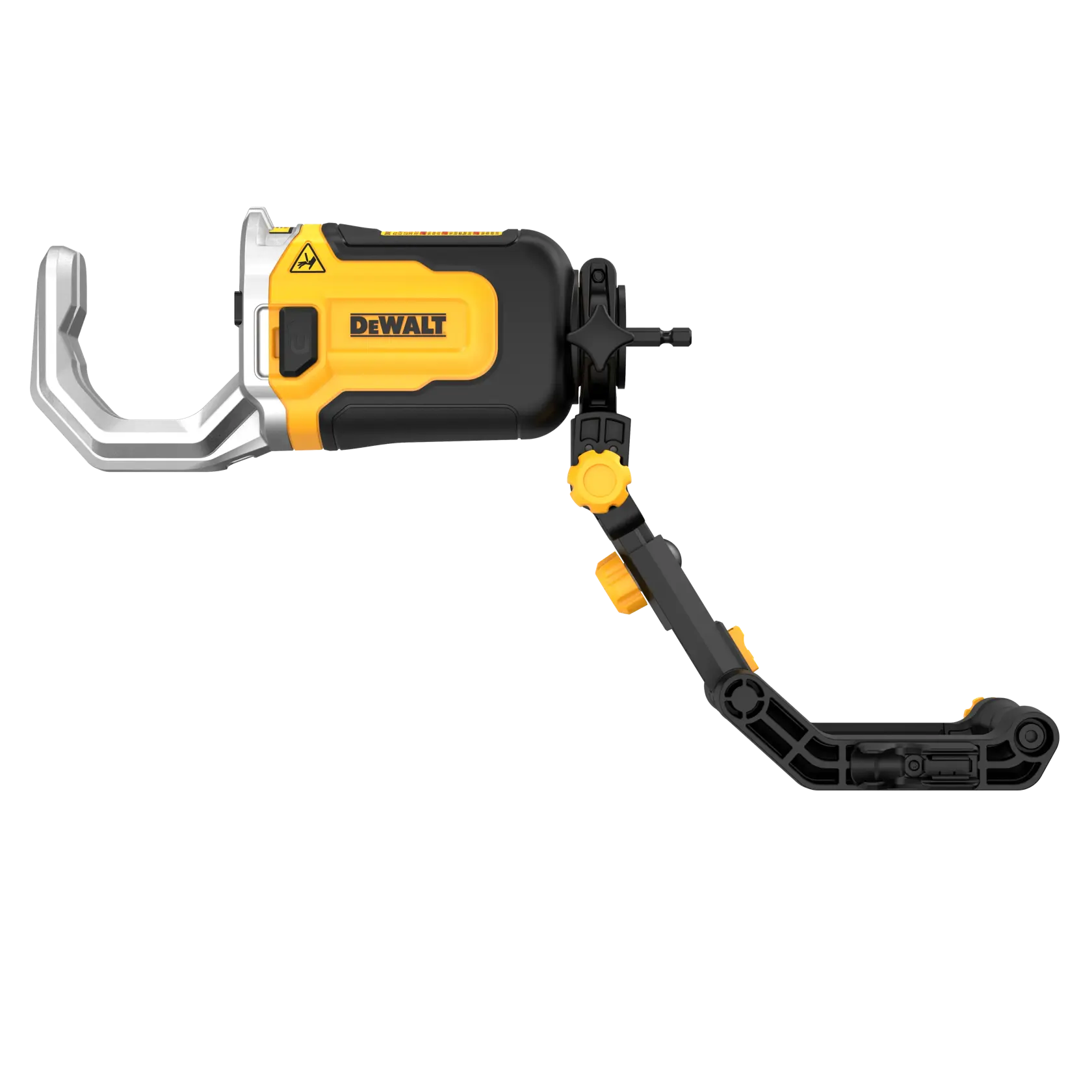 The image shows a DEWALT branded photography accessory featuring an adjustable black and yellow arm and a metallic clamp, designed for mounting cameras or equipment.