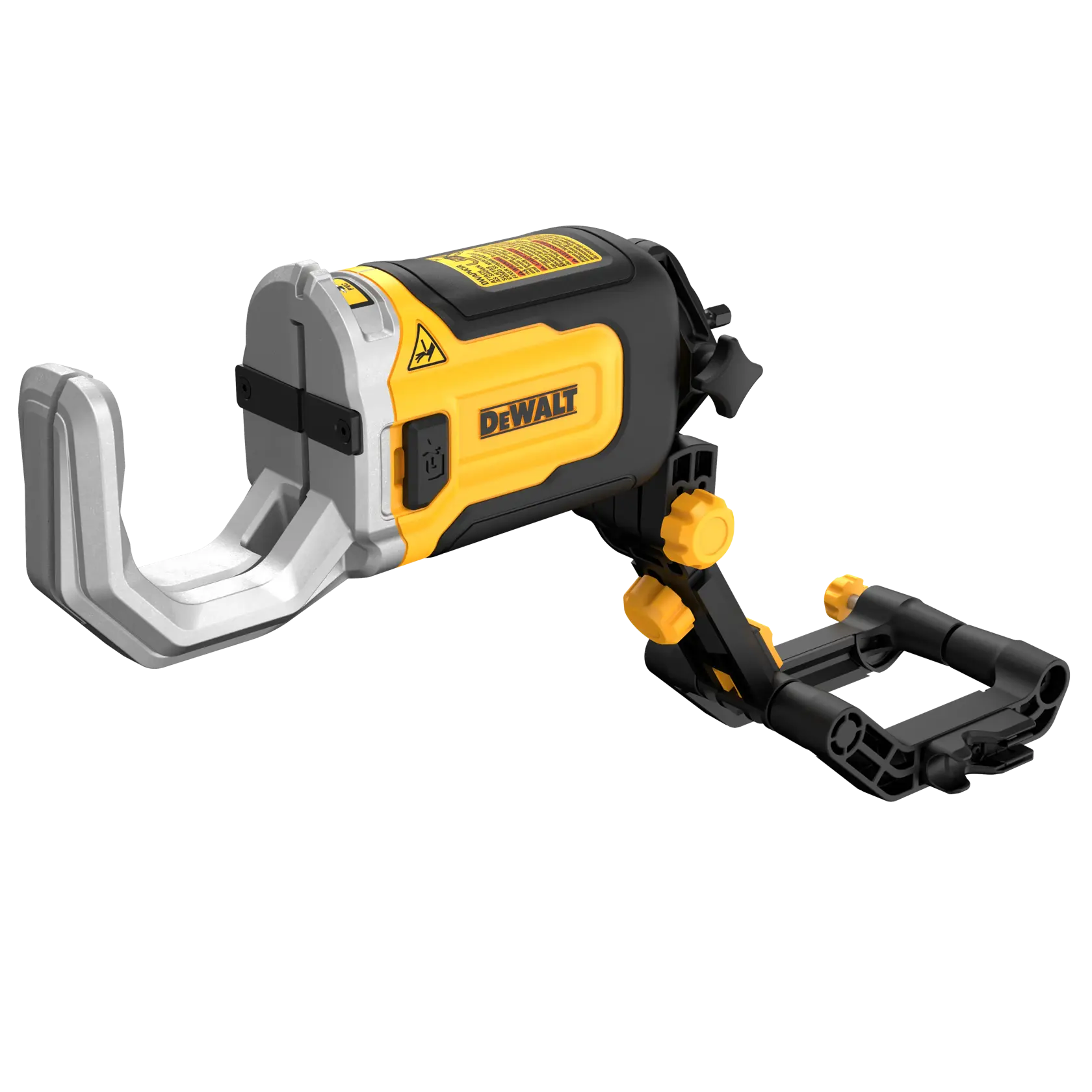 DEWALT photography tool with a yellow and black body, featuring a clamp-like metal attachment and adjustable support arms.