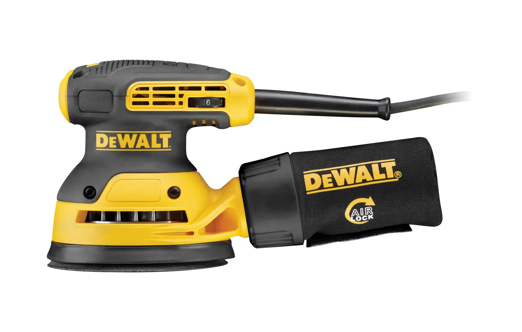 A DEWALT DWE6423 random orbit palm sander with a yellow and black design, dust bag attached, and power cord.