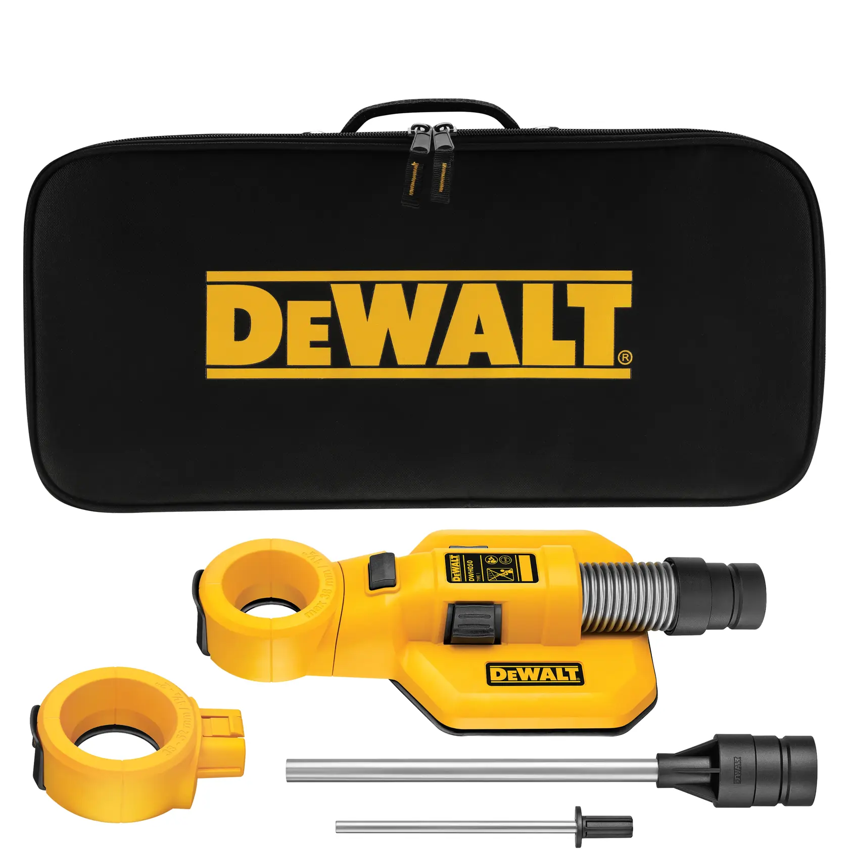 DEWALT dust extraction attachment kit including a yellow and black dust extraction tool, two circular adapters, two metal rods, a nozzle, and a black zippered carrying case with DEWALT logo.