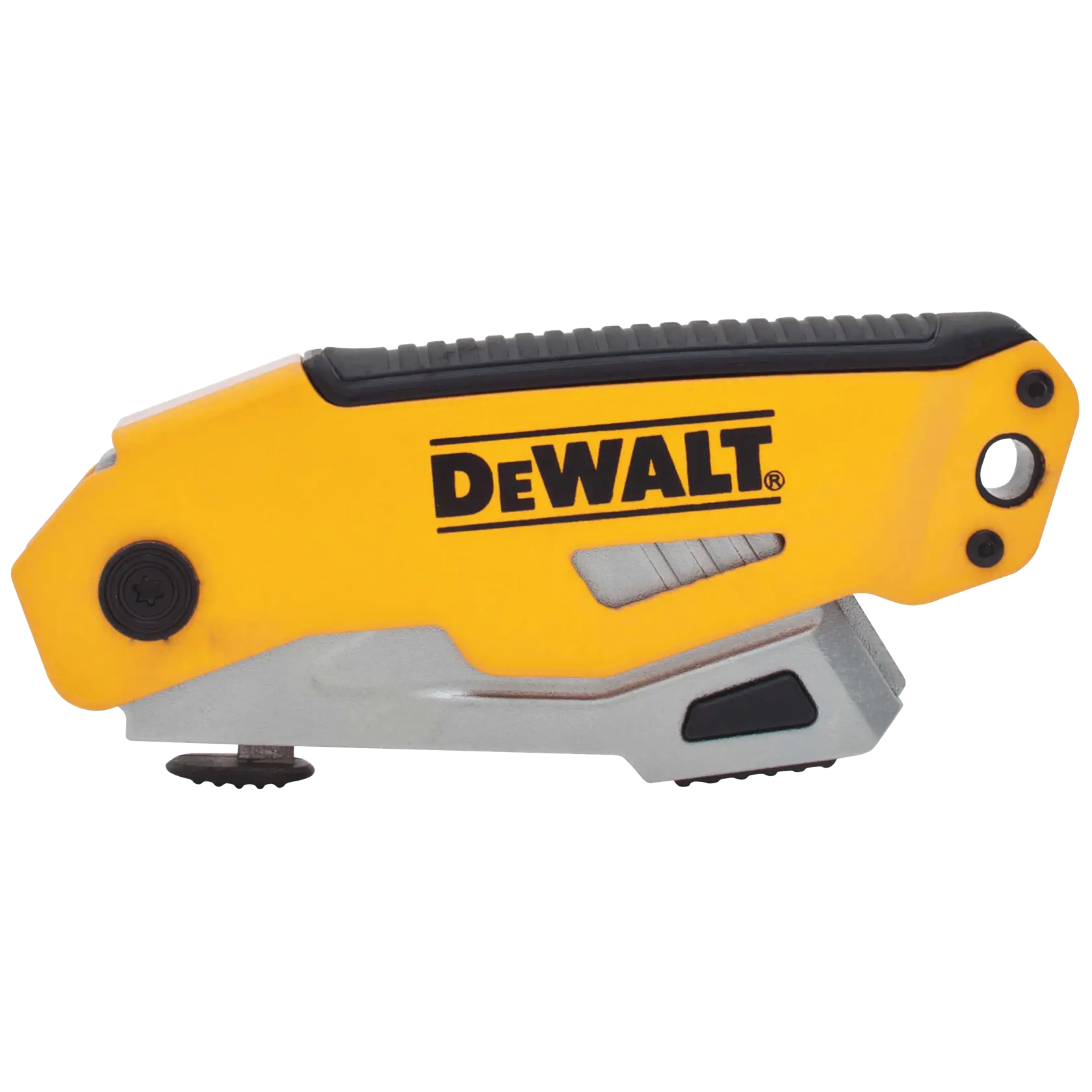 A yellow and silver DEWALT folding utility knife with a black rubber grip and visible brand logo on the side.