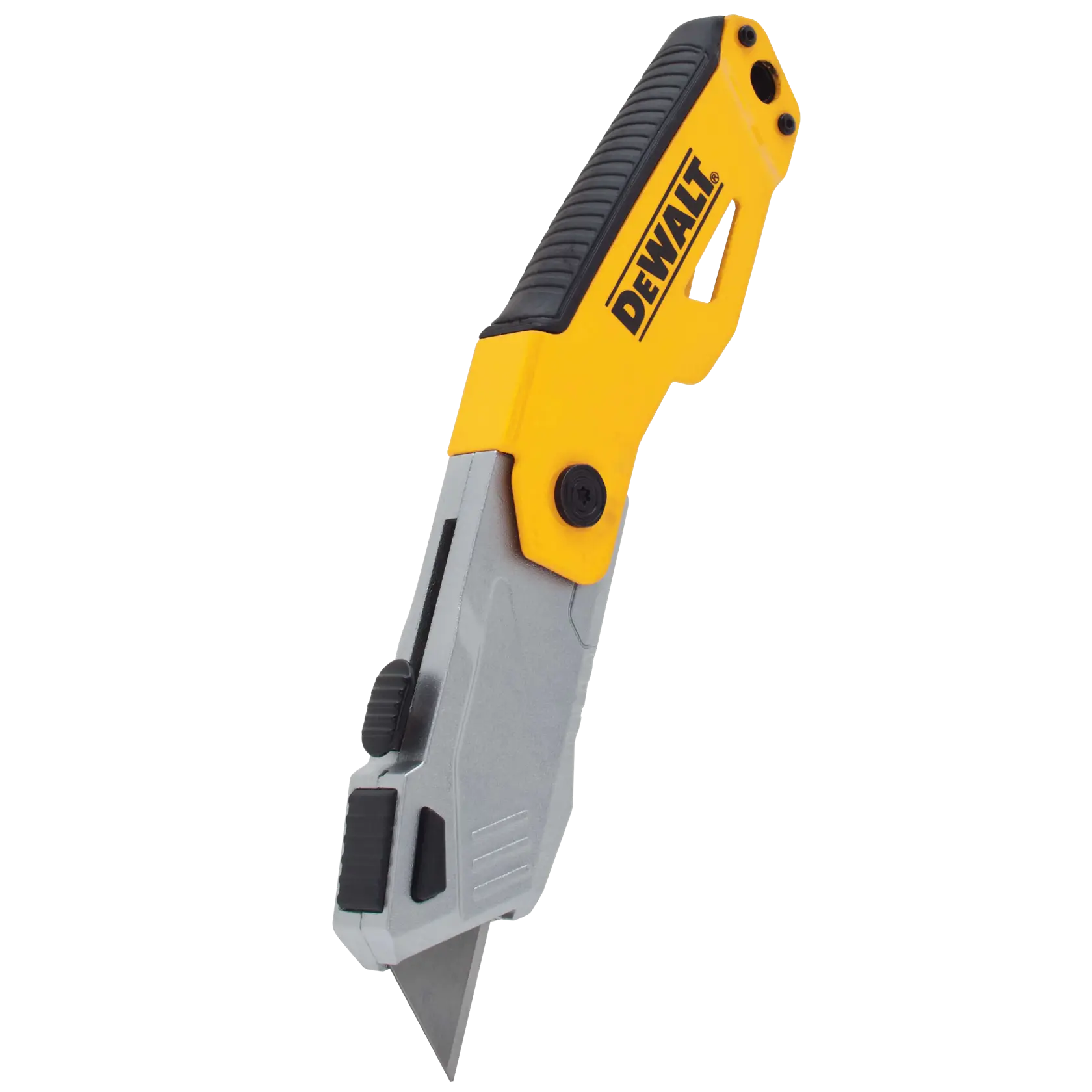 A DEWALT folding utility knife with a yellow and grey handle and a sharp metal blade, shown at an angle on a white background.