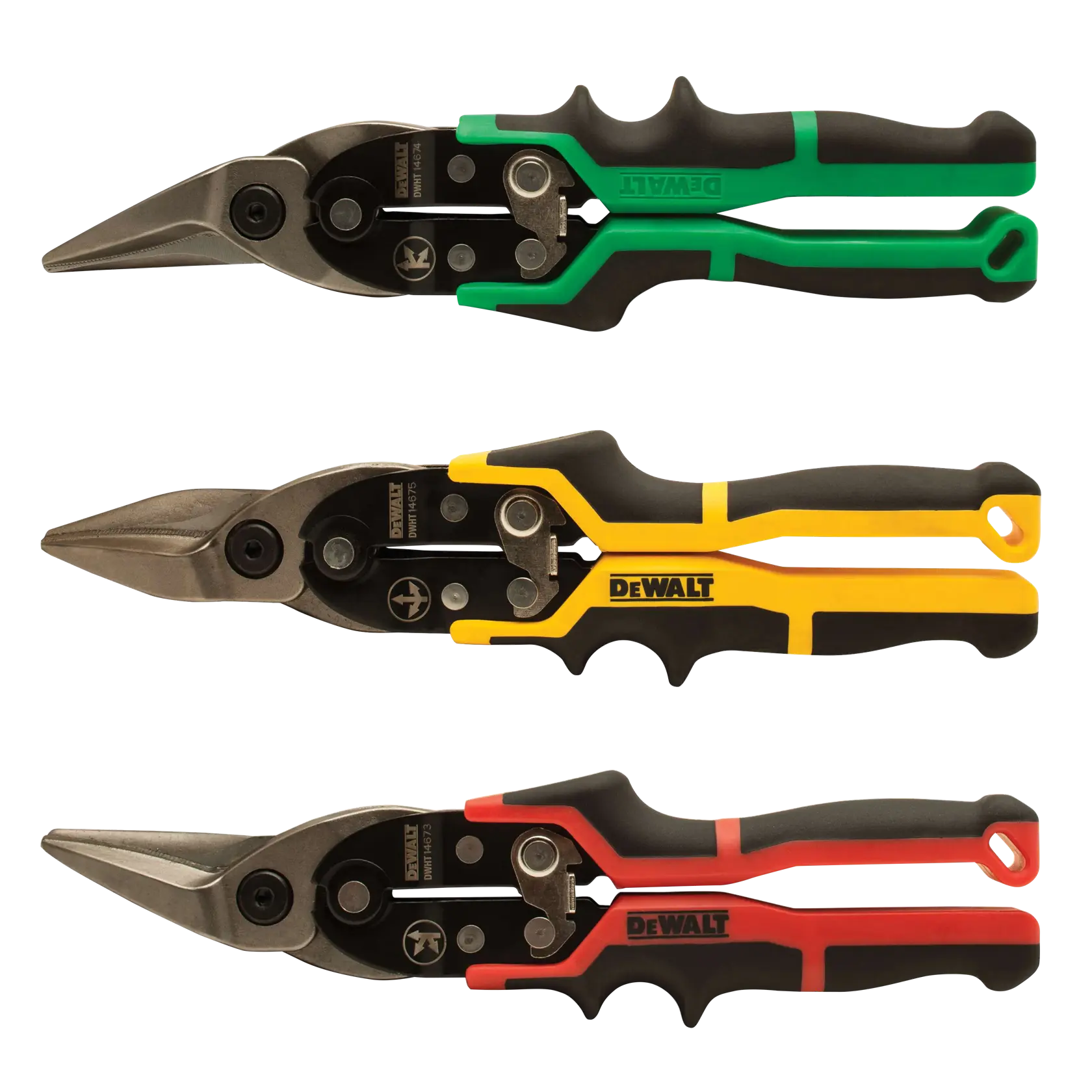 Three DEWALT aviation snips with color-coded handles: green, yellow, and red. The snips are used for cutting sheet metal and each handle color signifies a different cutting direction.
