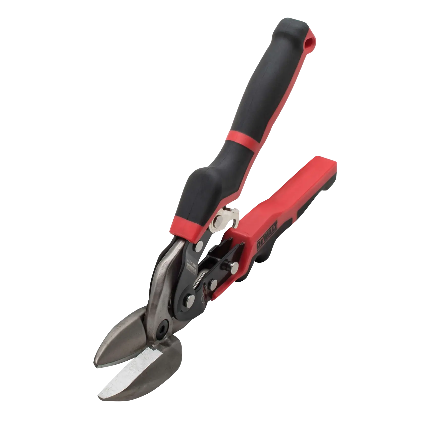 DEWALT metal cutting snips with a black and red ergonomic handle, shown isolated on a white background.