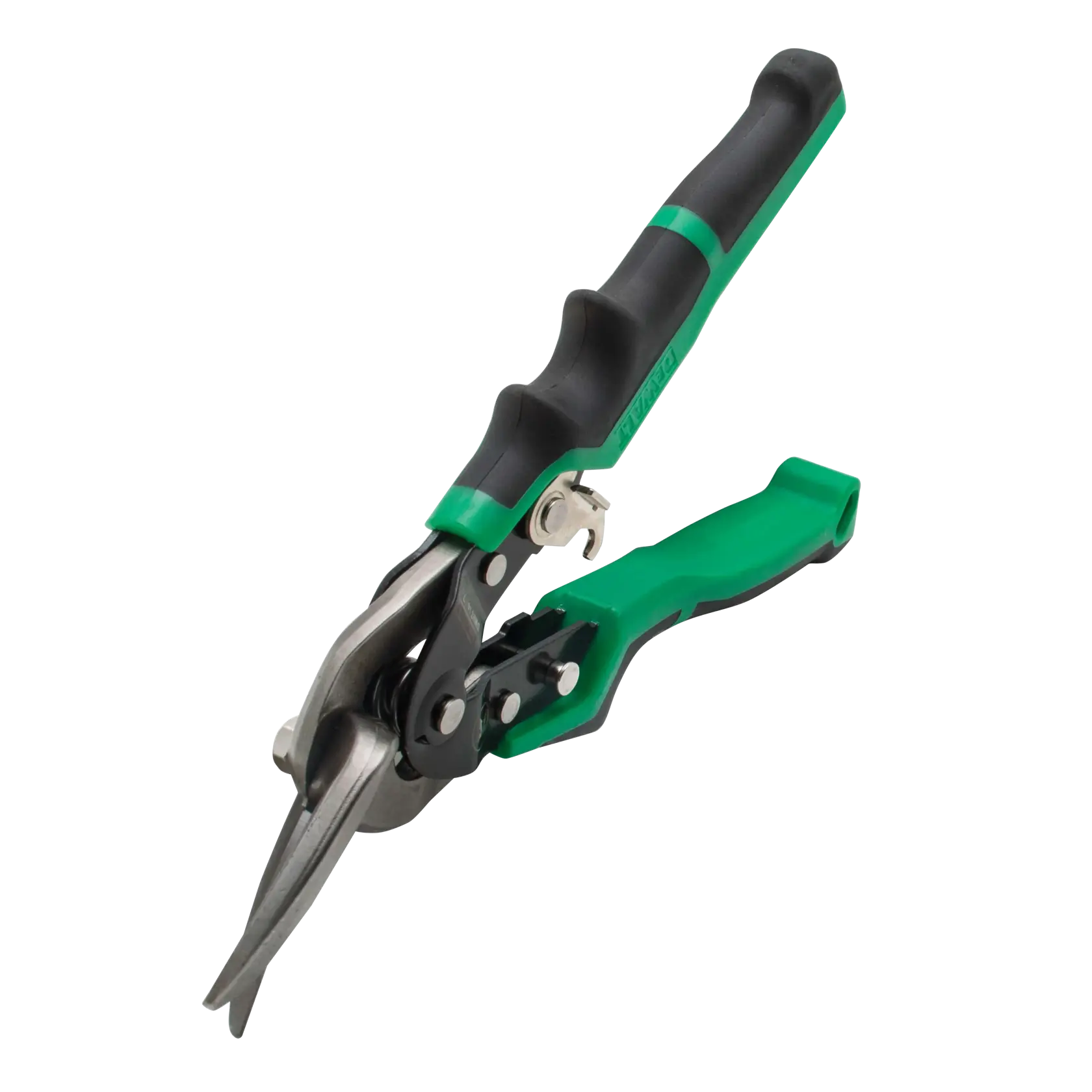 A DEWALT green and black aviation snip tool with ergonomic handles and a metal cutting blade, shown against a white background.