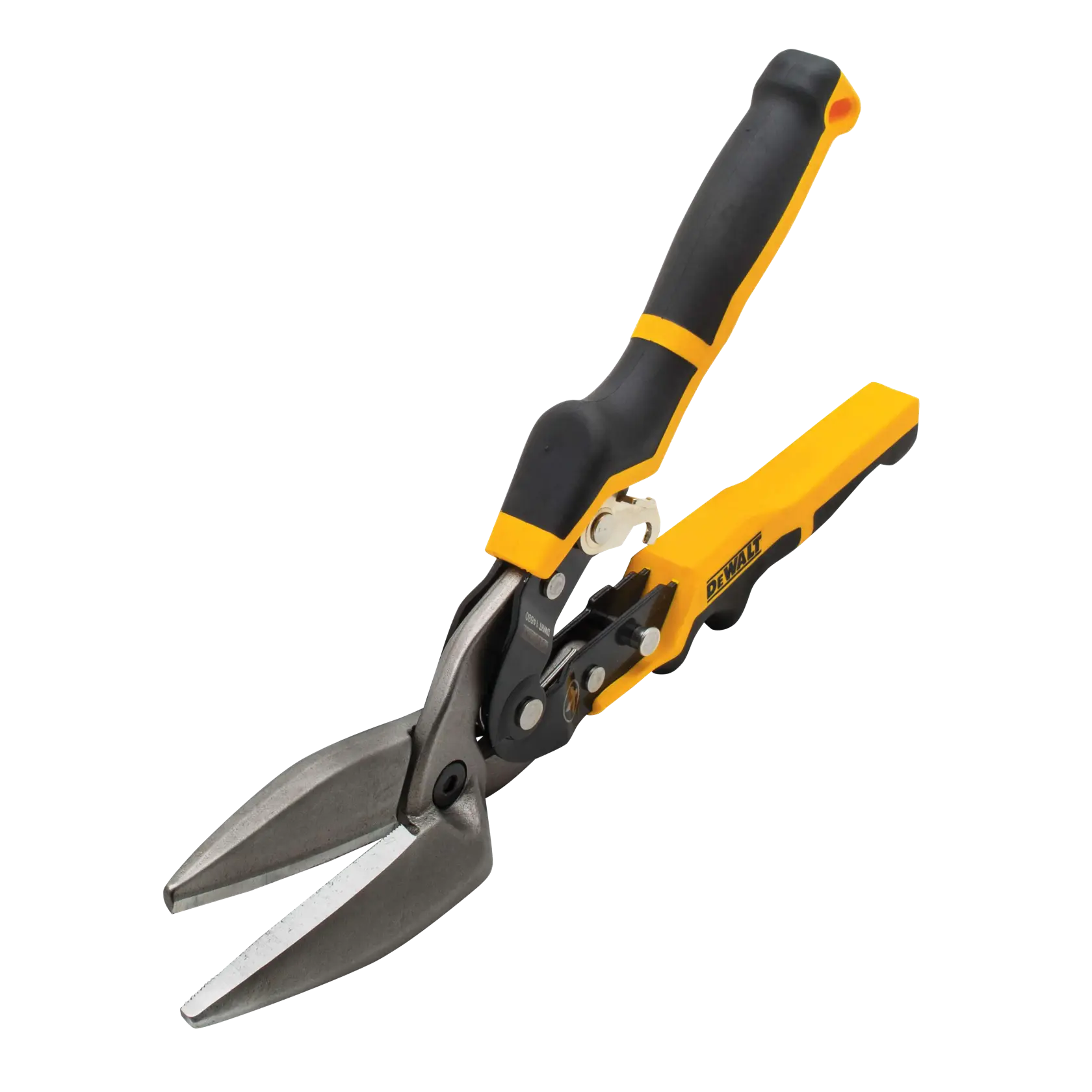 A pair of DEWALT aviation snips with a black and yellow handle, used for cutting sheet metal.